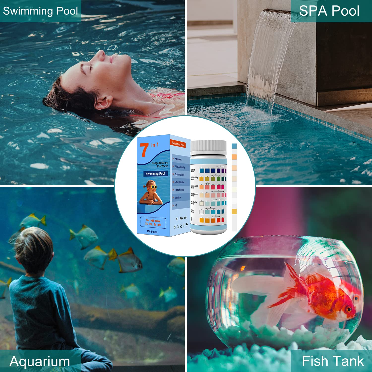 100 tiras reactivas para piscina, 7 en 1, tiras de prueba de agua para piscina, dureza total de piscina, cloro libre, bromo, cloro total y valor de pH, comprobador de pH de piscina, accesorios de