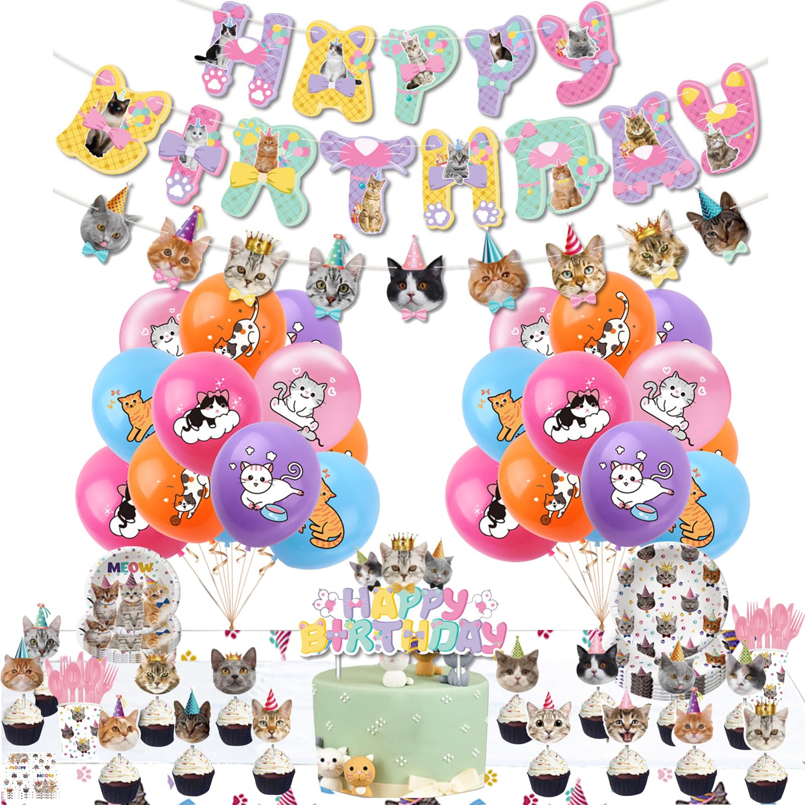 Sekeline Cat Party Supplies Kitten Birthday Party Decorations Plates Napkins Cups Knives Spoons Forks Tablecloth Balloons Banner Cupcake Toppers for