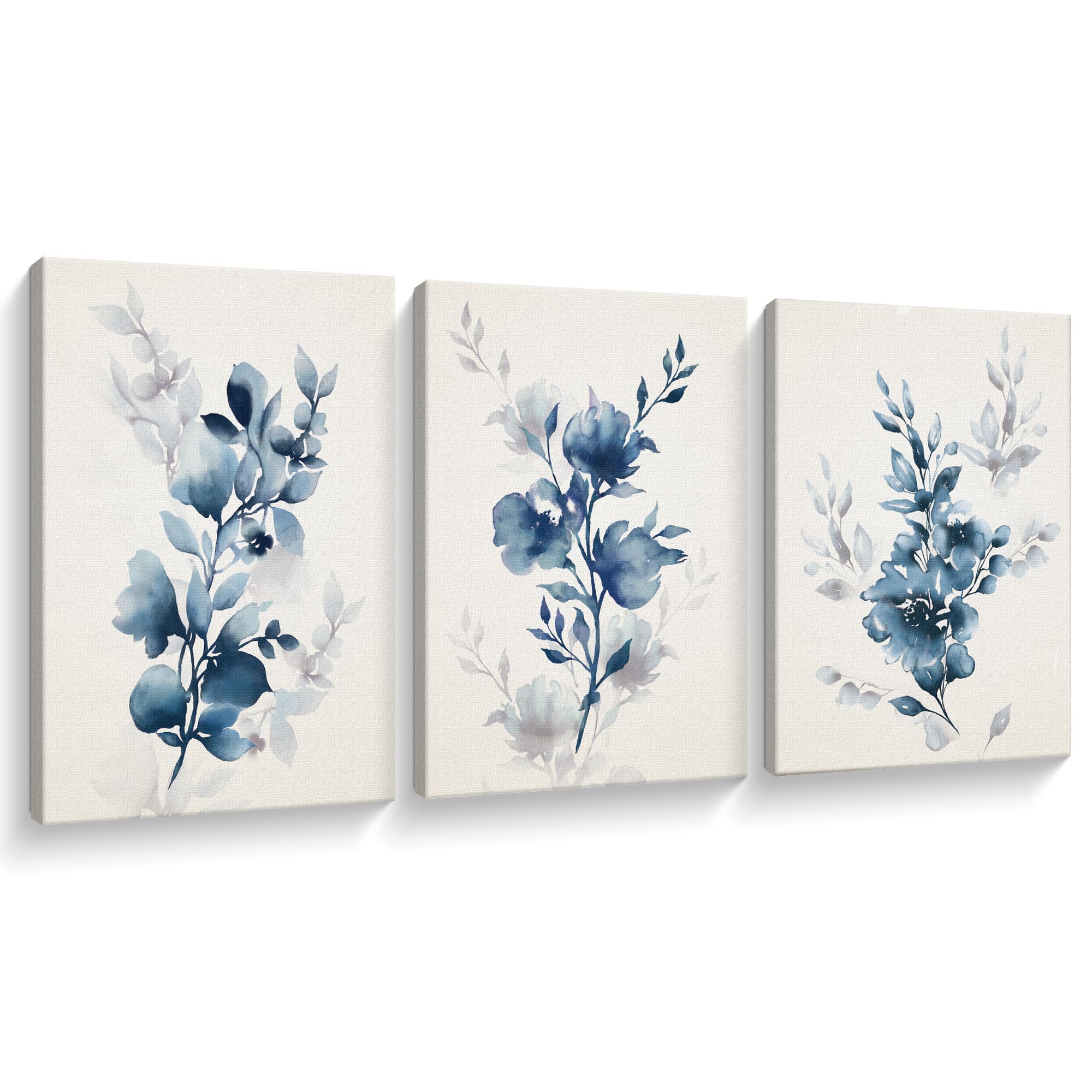 takfot Flower Wall Art Prints Modern Blue Floral Painting Watercolor Picture Framed Home Decor Botanical Artwork Ready to Hang for Bedroom Bathroom Living Room 1216 Inch, Set of 3