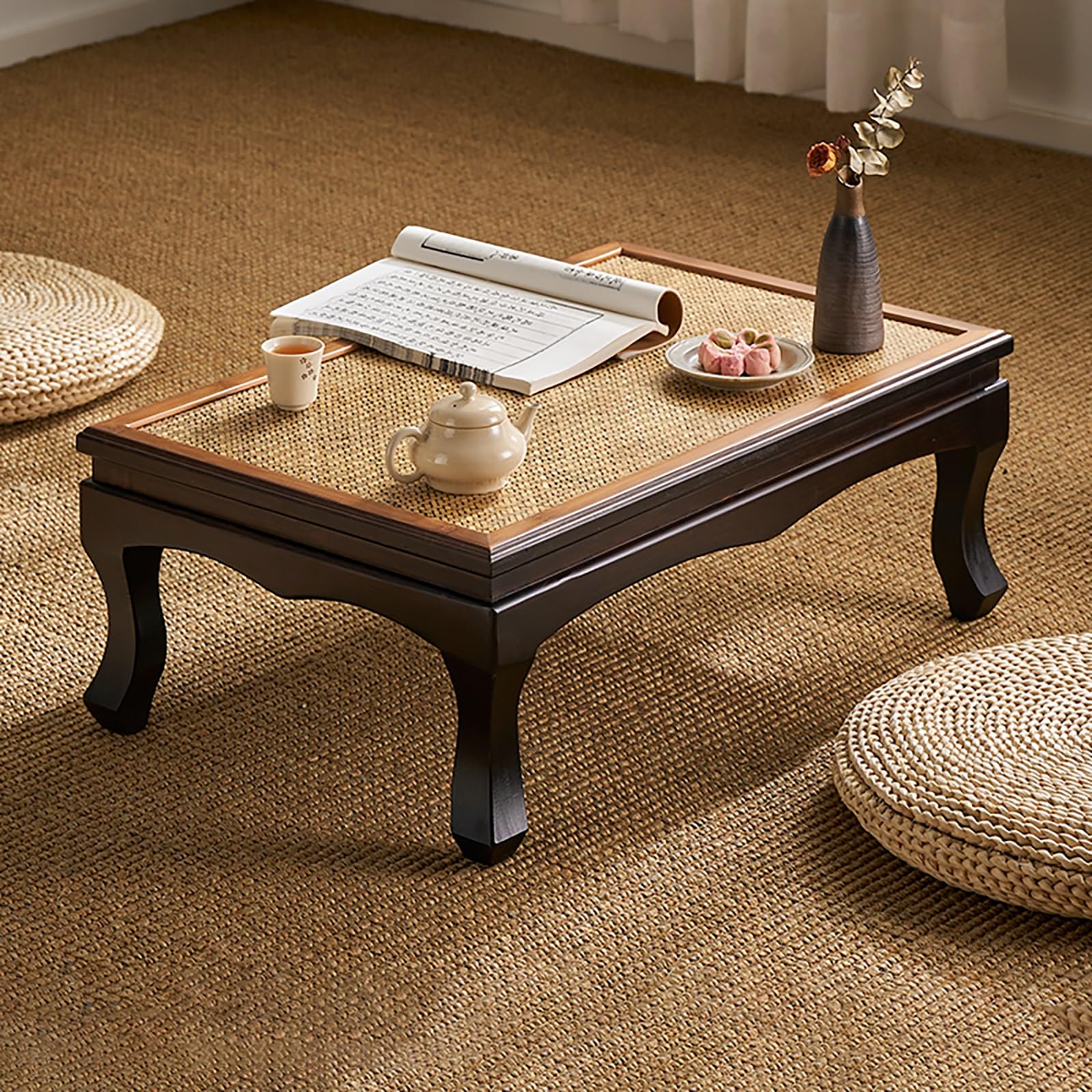 Table basse japonaise en rotin tatami 60x38cm pour salon au sol