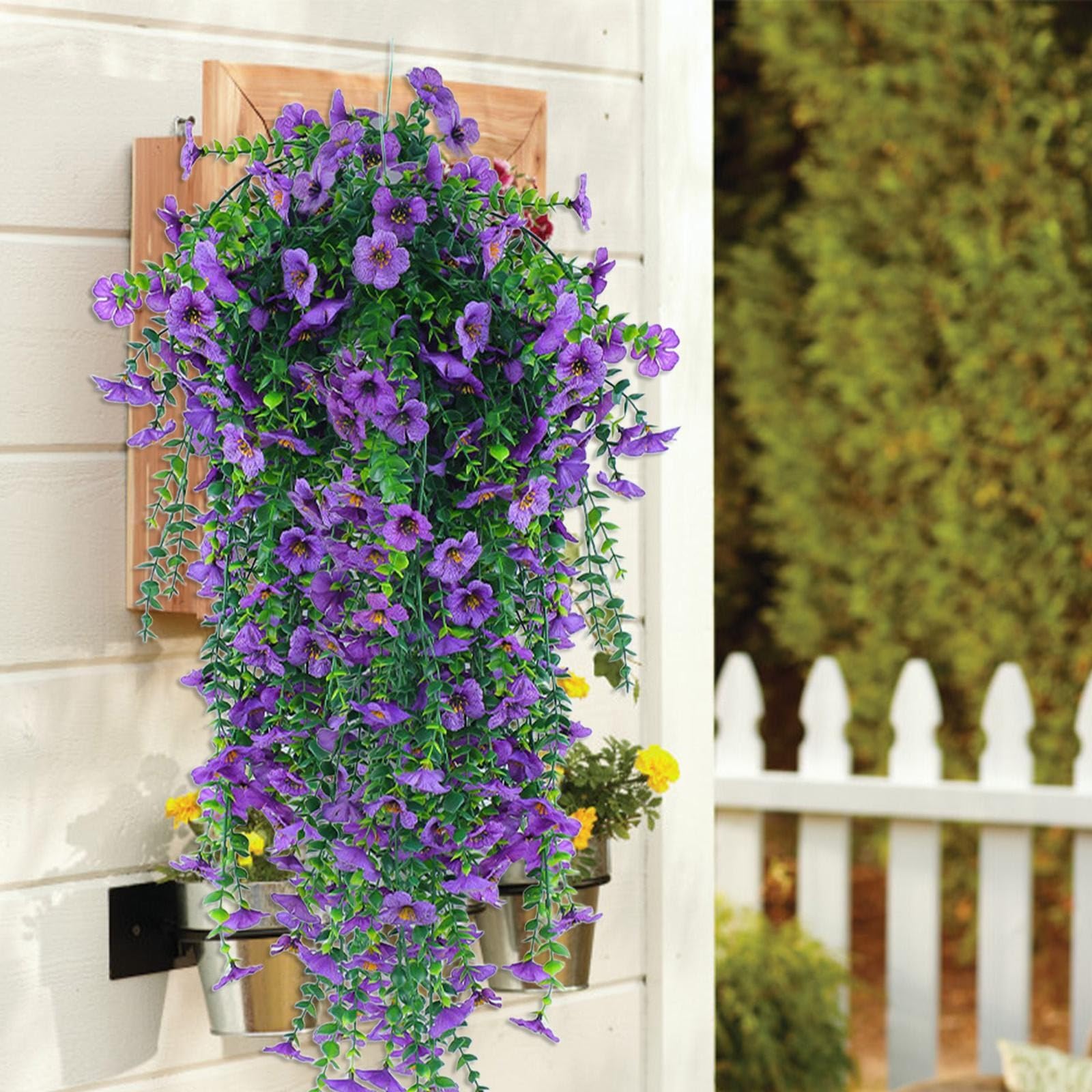 Artificial Hanging Flowers Outdoor - UV-Resistant Fake Artificial Hanging Plants Bouquet Trailing Wall Flower Baskets for Wall Home Garden Yard Wedding Indoor Outdoor Decoration (Purple)