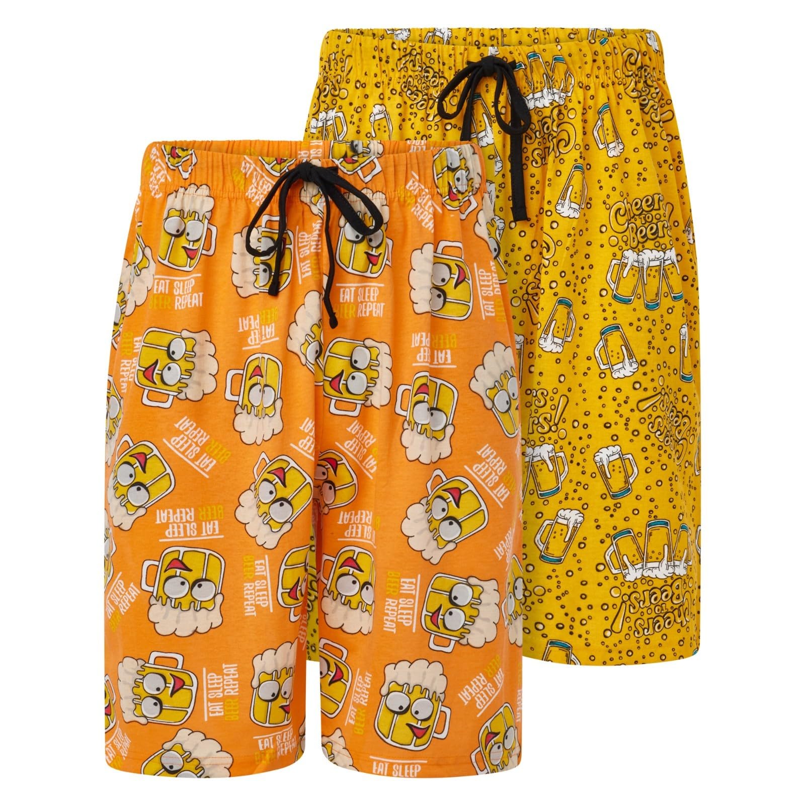 Mens 2 Pack Pyjama Shorts Cheers Beer Novelty Theme M to 2XL Lounge Sleep Shorts (Orange/Gold M)