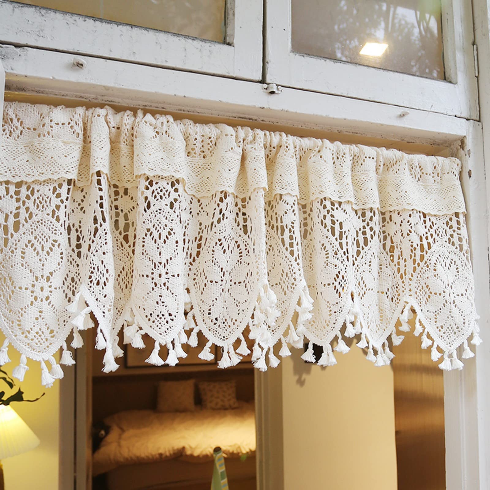 A.Monamour Cortina Cocina Ventana Puerta Corta Pequeña Bohemio Elegante De Encaje De Ganchillo Hueco De Algodón Beige Transparente Translúcida Visillo Transparente Translúcida Panel Cenefa