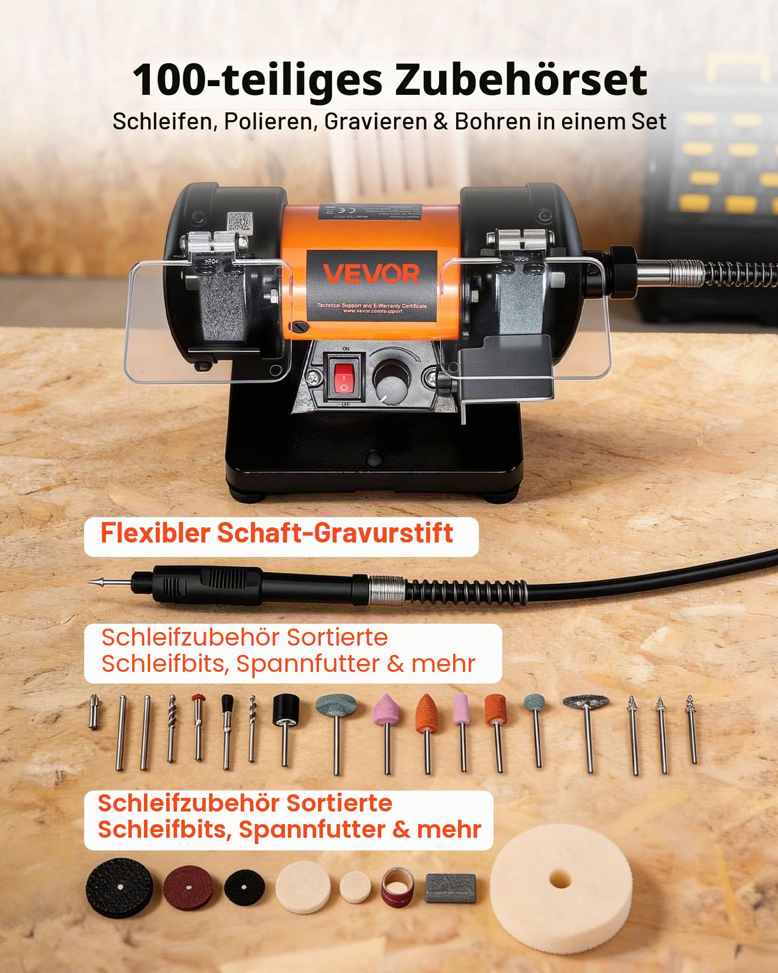 VEVOR Doppelschleifer 8300–10600 U/min Einstellbar, Doppelschleifmaschine mit Schleif-, Faser- & Wollscheiben, 100-tlg. Zubehörset, Schleifbock für Schmuck, Holz, Metall, Rohstein, Jade (DIY)