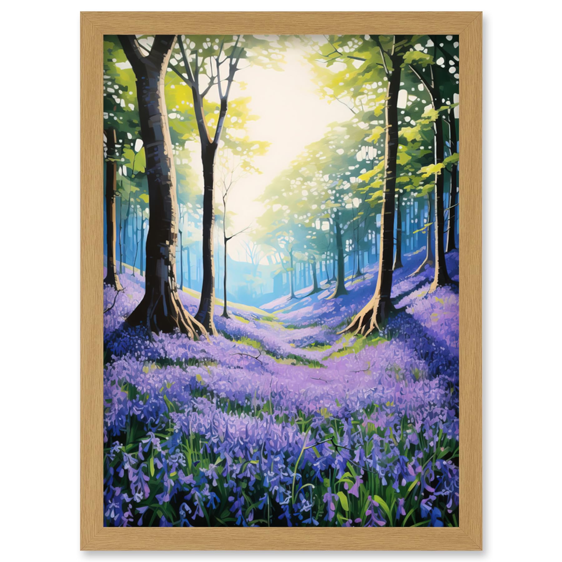 Artery8 Bluebell Forest Sunshine Vibrant Artwork Purple Blue Flowers Early Morning Serene Landscape Artwork Framed Wall Art Print A4