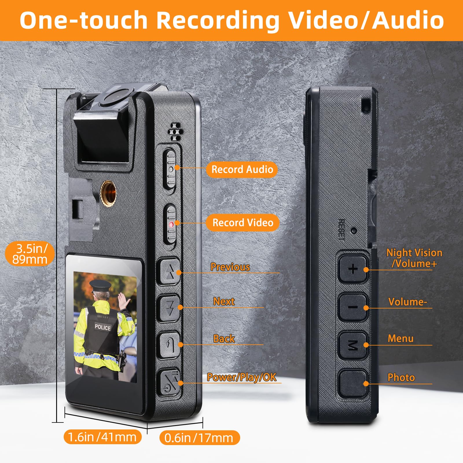 64GB Cámara Corporal con Audio, 1296P Policía Body CAM (2500mAh) con 180° Lente Giratoria y 3 Clips Resistentes, Cámara Corporal para Entrega Ciclismo Interior