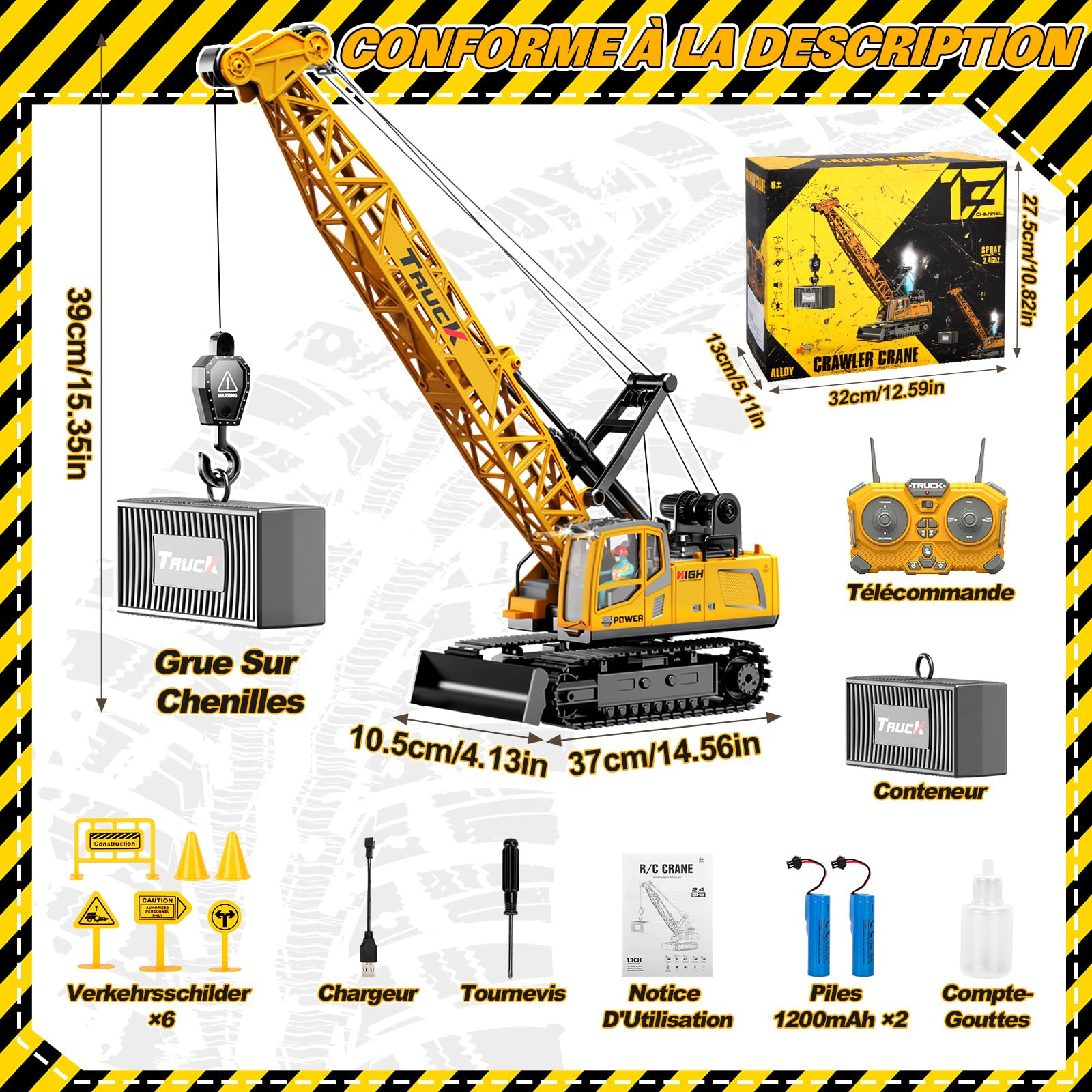 1:16 Grue télécommandée, 13 Canaux Jouet Grue Télécommandée avec Lumières Pulvérisé Sons Réalistes, Grand Engins de Construction Grues Cadeaux pour Enfants 6+ Ans (Jaune)