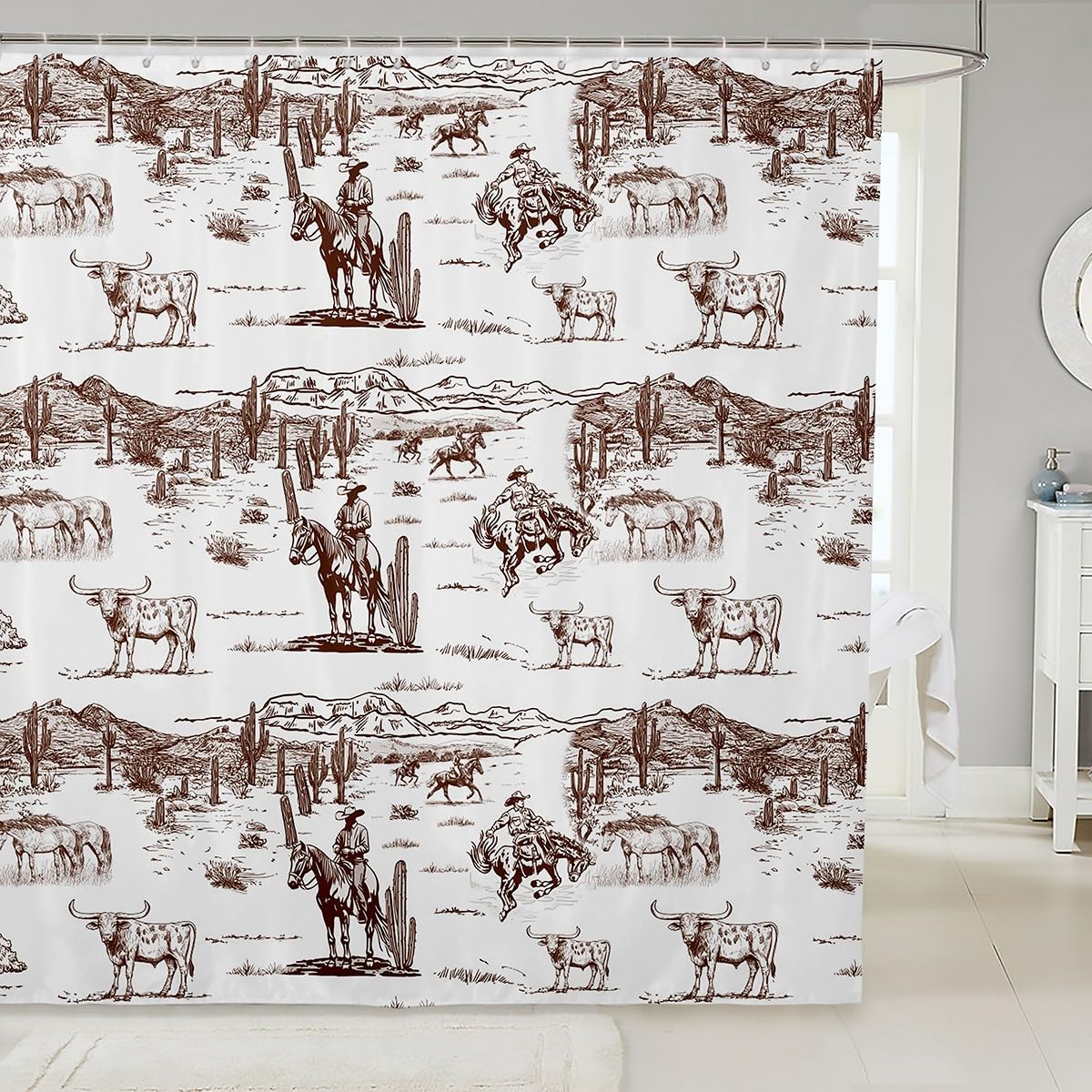 Western Cowboy Bathroom Shower Curtain, Vintage Southwest Style Desert Cactus Cow Horse Animals Waterproof for Kids Boys Girls Adult Room Decor,