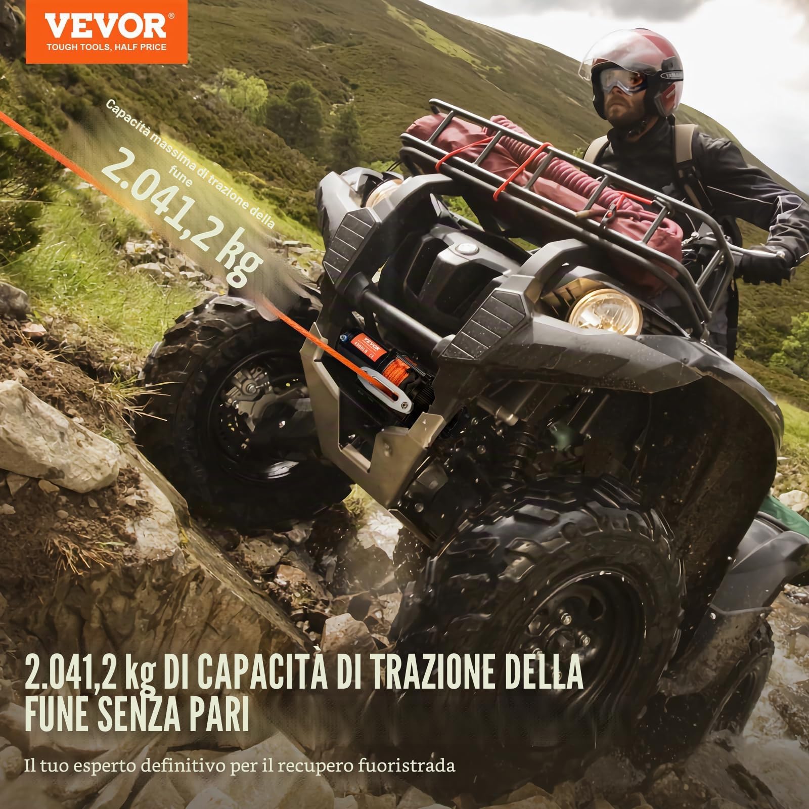 VEVOR Verricello Elettrico, Capacità di Tiro della Linea 2041 kg Verricello ATV/UTV 12 V CC Φ0,6 x 1188,7 cm 12 Trefoli in Corda Sintetica in Alluminio, Telecomando Senza Fili e Cablato, per UTV ATV