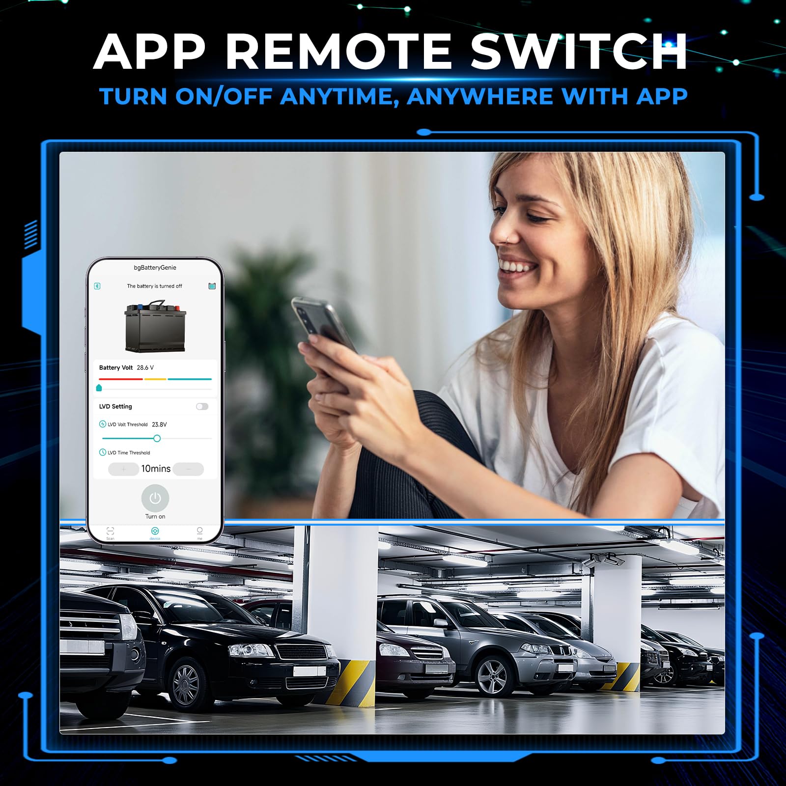 GEARMONSTER Smart, bezprzewodowy, zdalnie sterowany wyłącznik samochodowy, 12 V, 240 A, odłącznik z wyświetlaczem LED napięcia i sterowaniem za pomocą aplikacji, przekaźnik wyłączający do samochodów