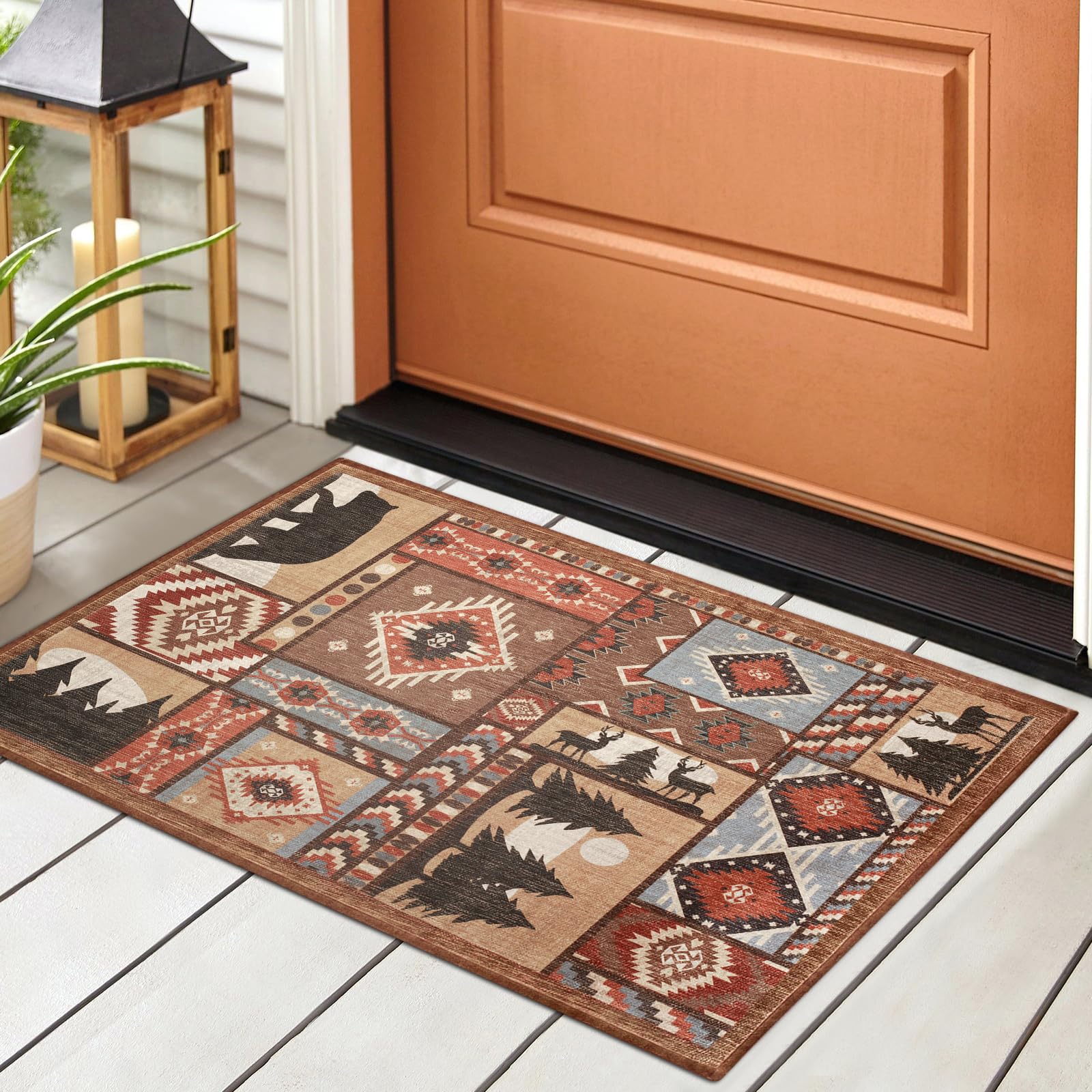 Door Mat Indoor Outdoor Resist Dirt Front Back Door Mat 20" x 32" Wild Bear Deer Antlers Hunting Non-Slip Rubber Backing Door Rug Washable Entry Rug Welcome Mat