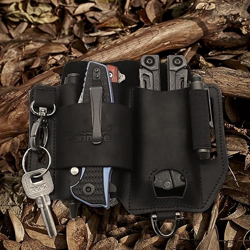 Miniatura 6 de Funda de cuero multiherramienta, organizador de cinturón EDC negro con soporte para linterna, banda elástica, bolsa multiherramientas, clip para