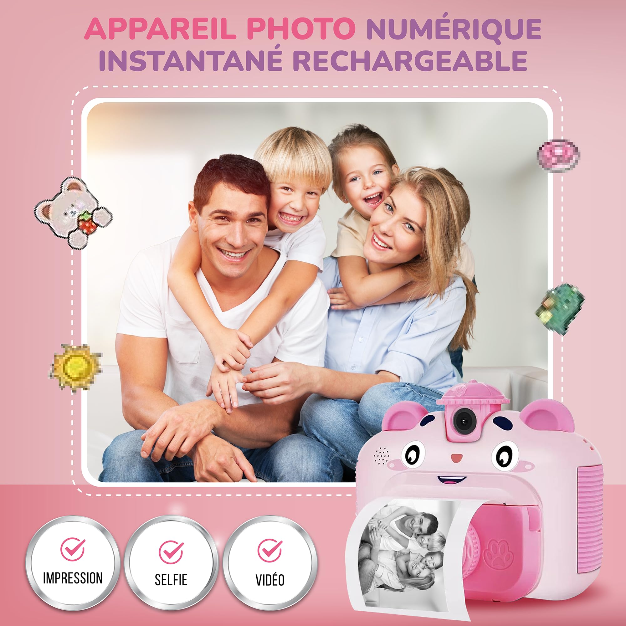 Appareil Photo Enfant Instantané Kawaii Ecran Couleur 12MP Photos Selfies Vidéos HD Carte 32 GB+Lecteur Carte+Rouleaux+Pack Art Créatif - Cadeau Fille