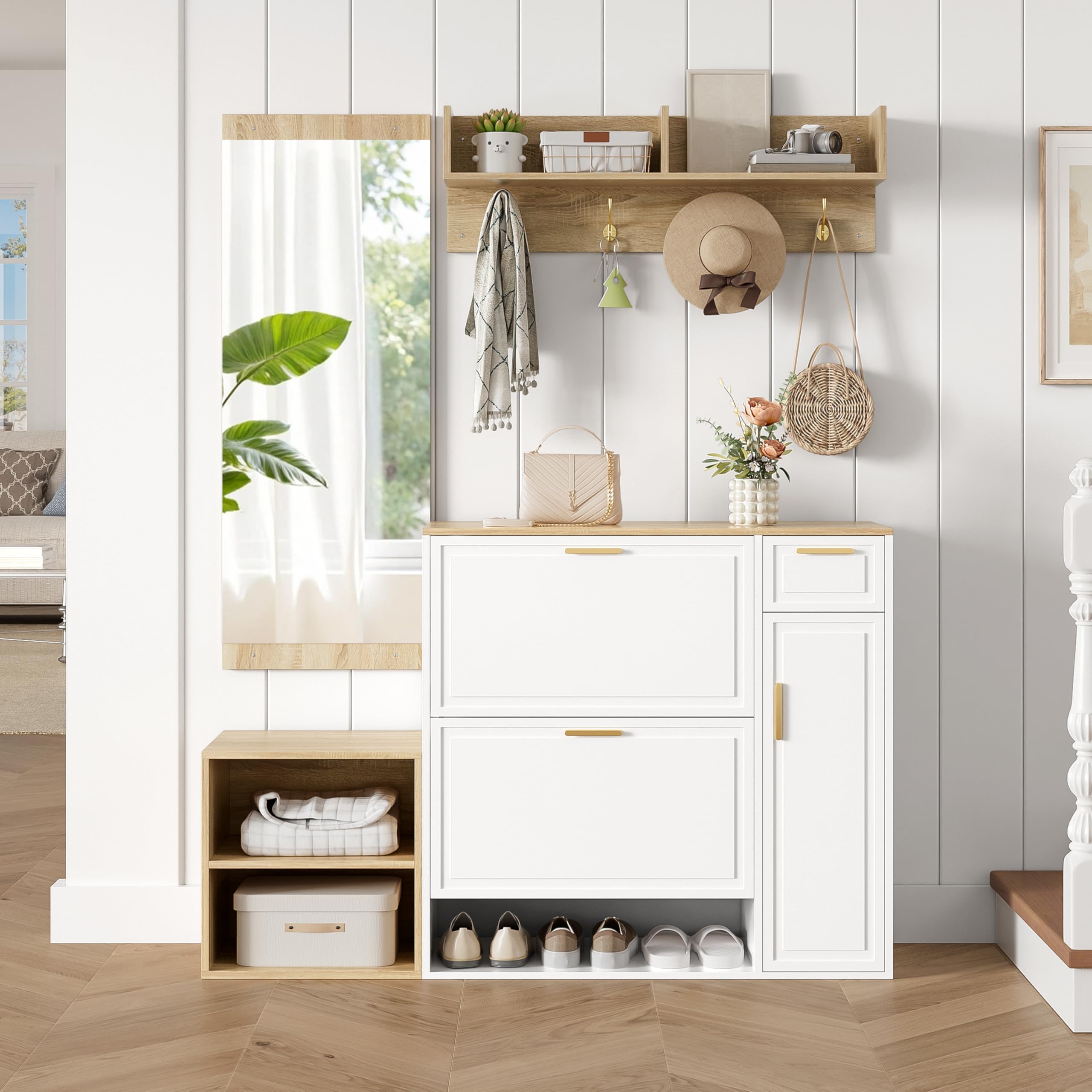 Garderobenset Wandgarderobe, Flurgarderobe Set mit Schuhschrank und Spiegel, Garderoben Set mit Kippfach Schuhkippern & Wandgarderobe, Kompaktgarderobe, Flurschrank für Flur, Weiß 139.5x35x166cm