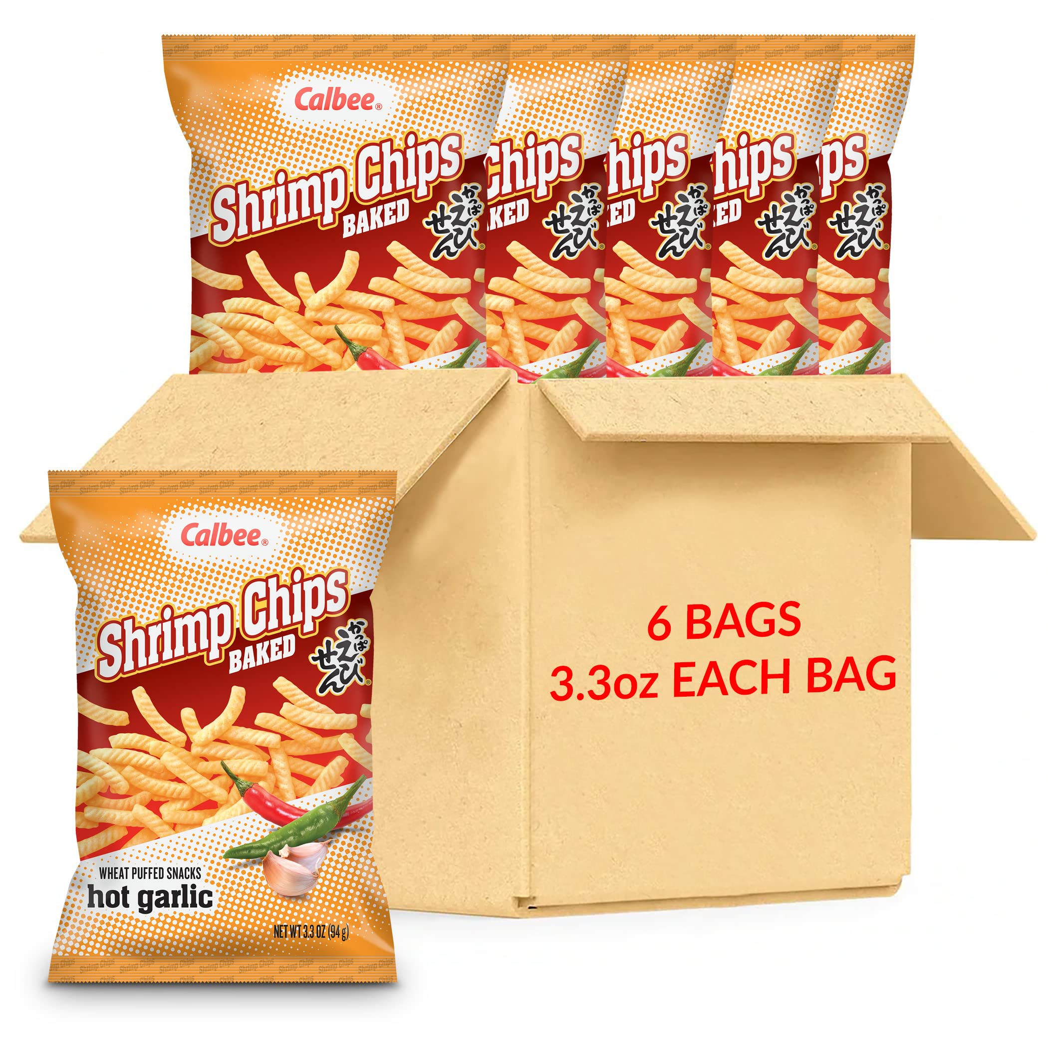 Calbee Shrimp Chips (Hot Garlic, 4.0 oz) | Japanese Chips Made With Real Wild-Caught Shrimp & Baked To Crunchy Perfection | Indulge In Irresistible Shrimp Flavoured Chips (6 Pack)