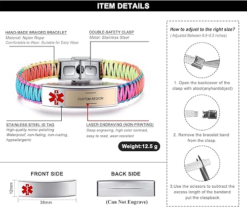 Miniatura 5 de JF.JEWELRY Pulsera de alerta médica para mujer  Pulsera de emergencia con identificación de alerta médica para diabetes T1D T2D T2D para niñas y