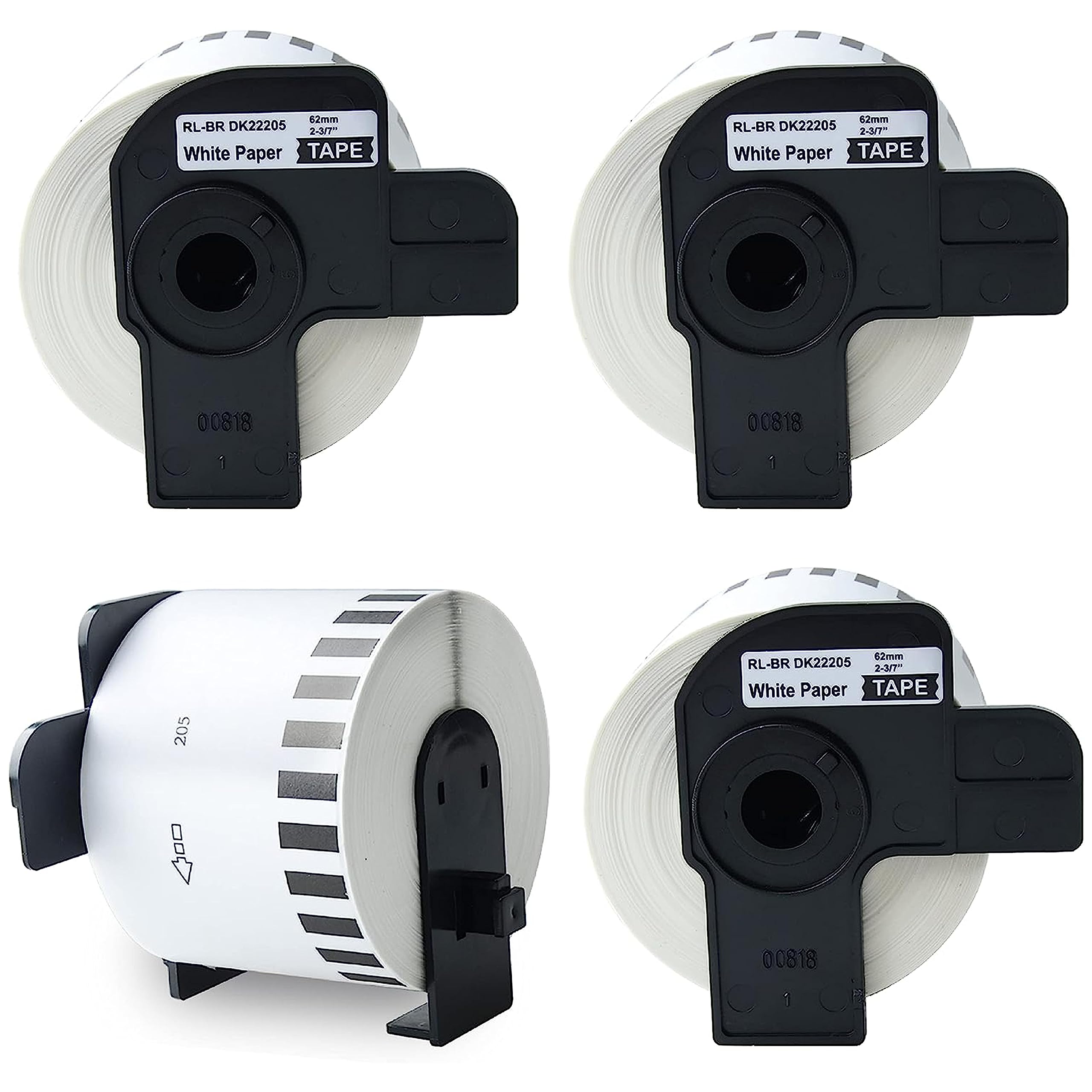 Compatible 4 Pack DK-2205 Continuous White Label Paper (2-3/7"x100') with 4 Refillable Cartridge Replacement for Brother DK-2205 for QL-700 QL570 QL710W QL800 QL810W QL1060N QL720NW QL550