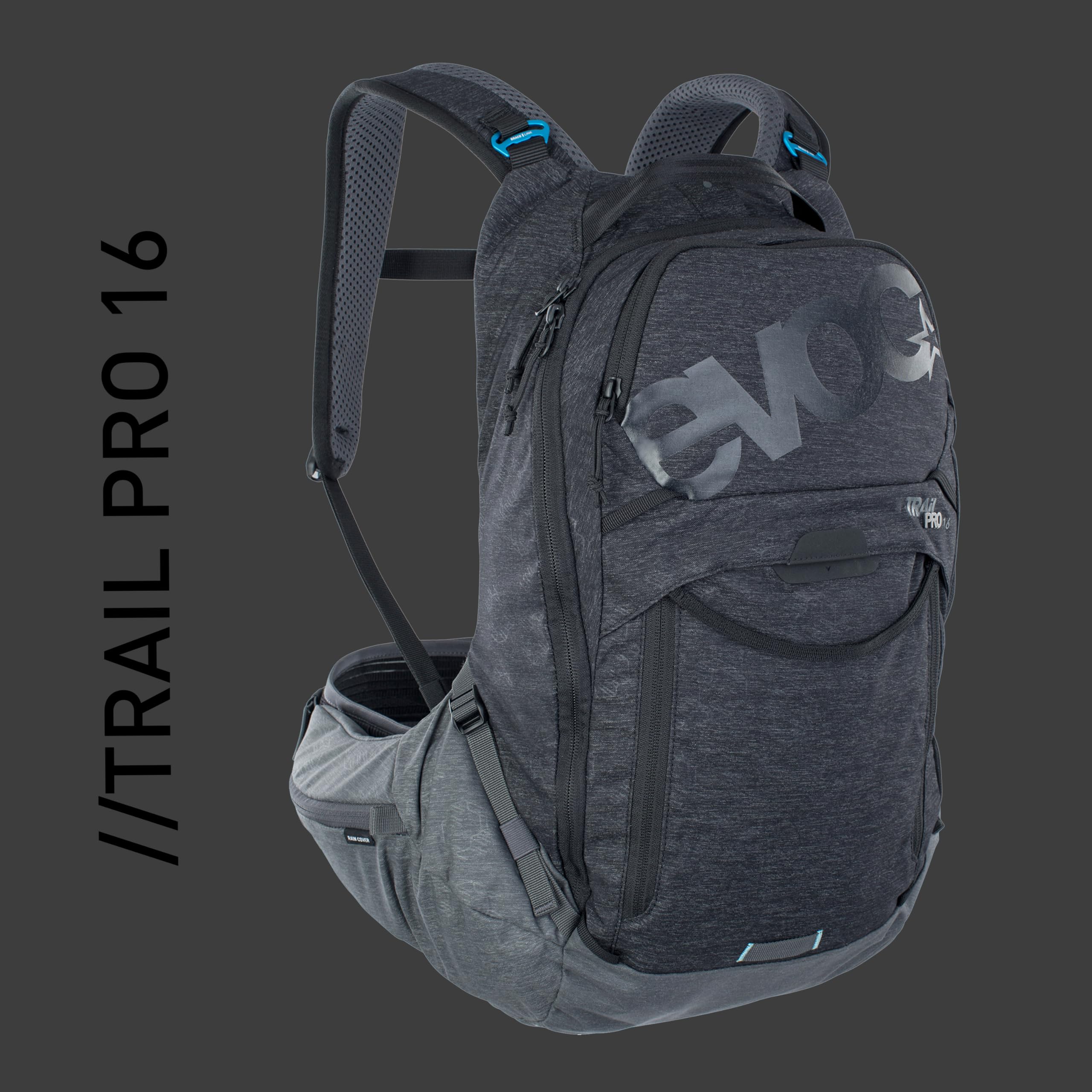 EVOC TRAIL PRO 16l Protektor Rucksack für Tagestouren & Trailriding, Fahrradrucksack (Backpack mit LITESHIELD PLUS Rückenprotektor, 3l Trinkblasenfach, Größe: S/M), Schwarz/Carbon Grau