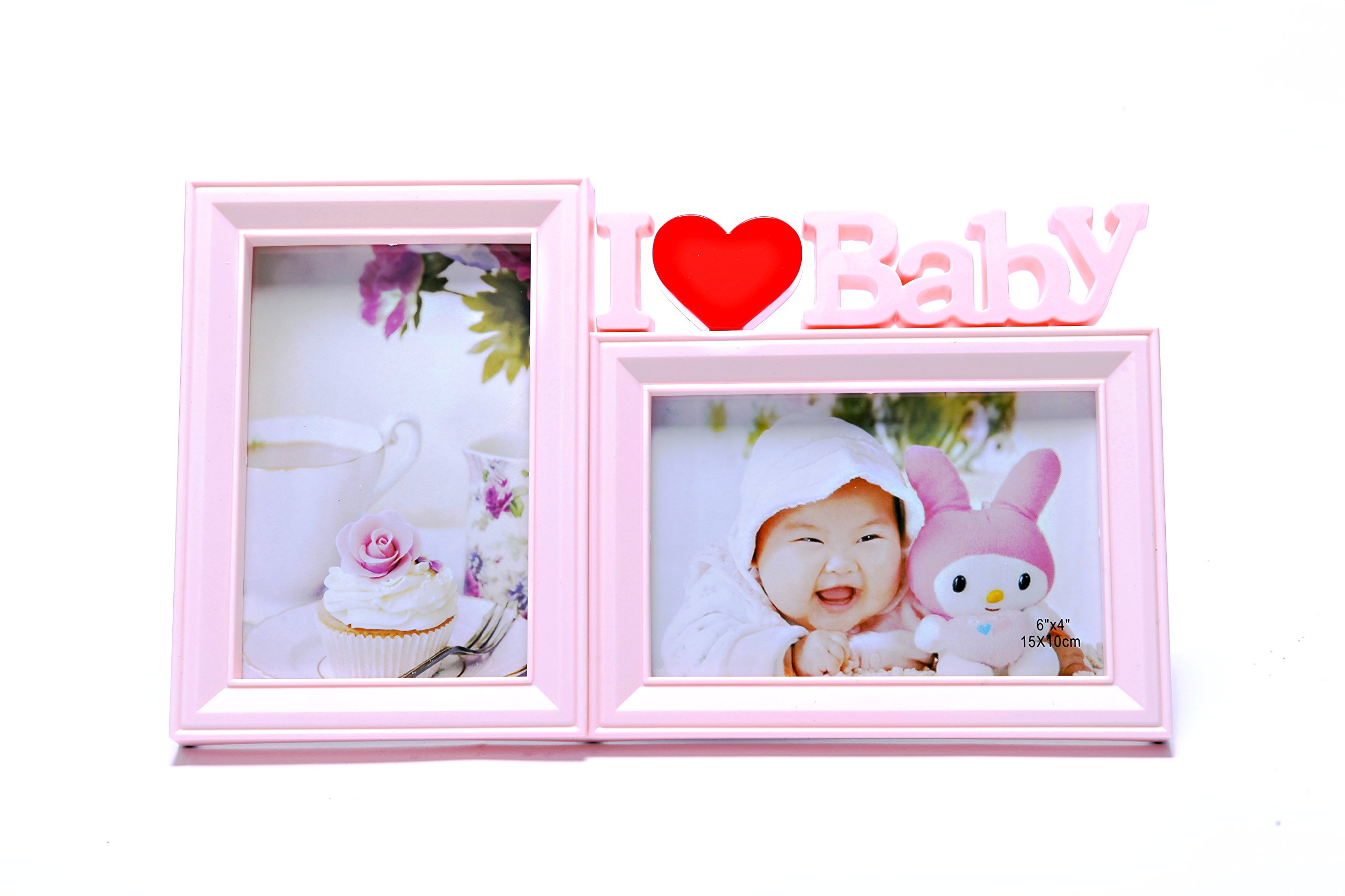 Sweet US Mall Premium Plastic Double Photo Frame,I Love Baby Home Decoration, Shower Gift, fit Two 4x6 in Size Photos (Pink)