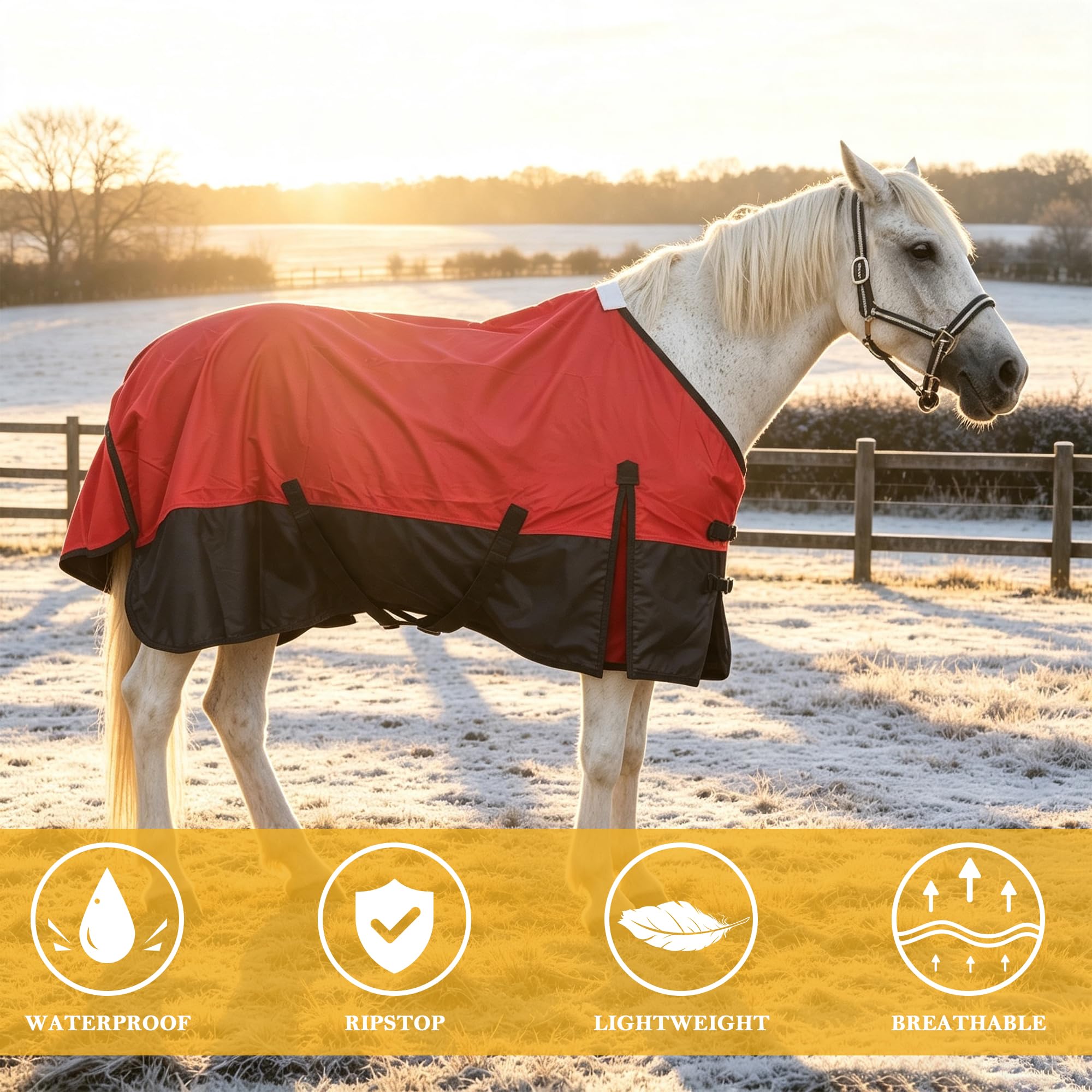 Leberna Alfombra 600D para caballos sin relleno, impermeable, ligera, transpirable, estándar, cuello completo, para lluvia de caballos (rojo/negro, 6 pies)