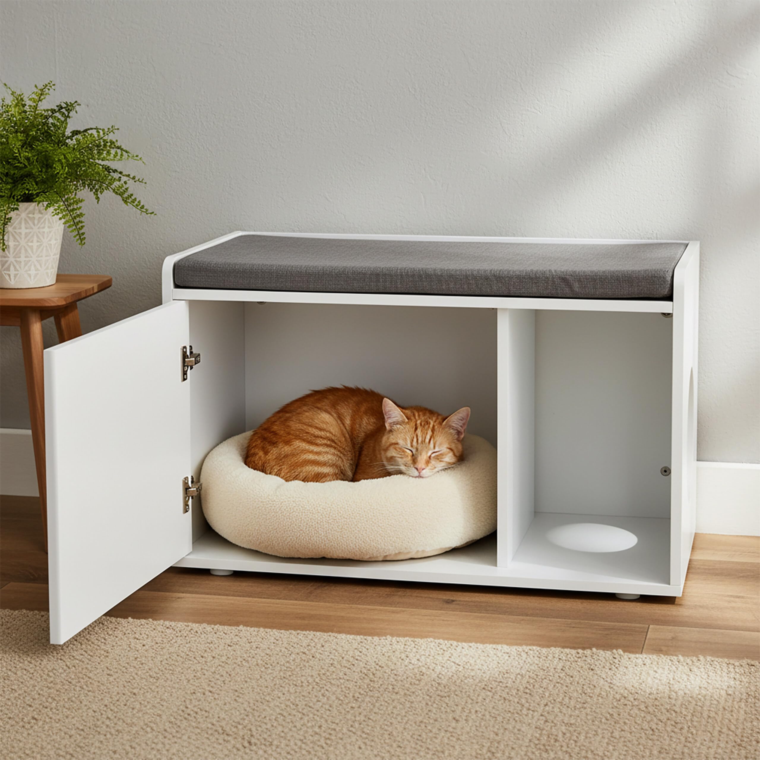 Relaxdays Mueble Arenero Gatos Asiento, 2 en 1, Cómoda Felinos con Banco, 45,5 x 75 x 43 cm, Baño Gatitos, Blanco y Gris