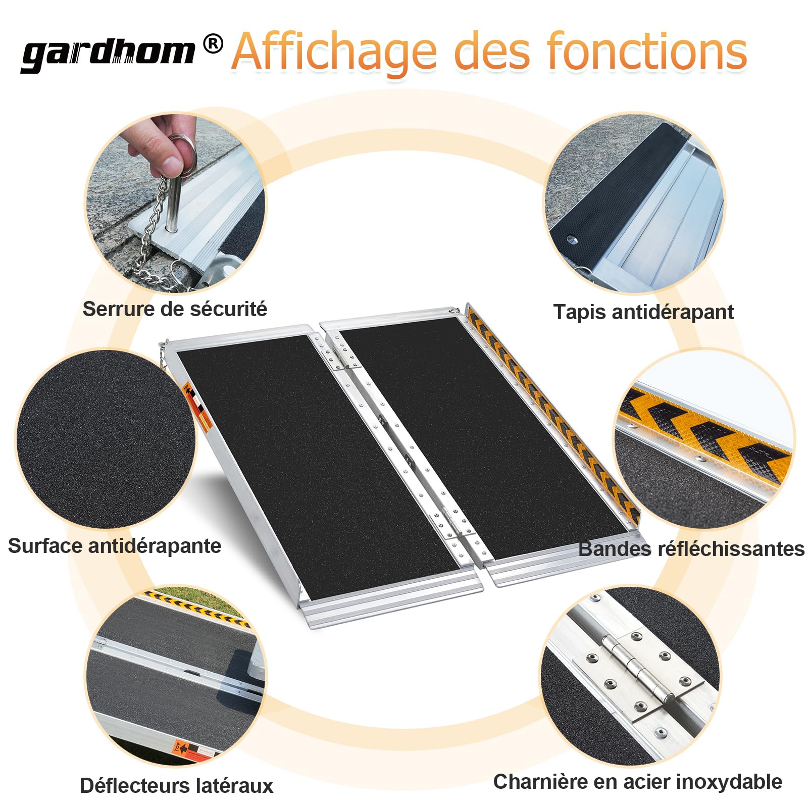 gardhom Rampes pour Fauteuils Roulants 213,5CM, Rampe de Chargement Rampe d'Accès Antidérapante Pliable avec Bordures de Sécurité Max 362KG