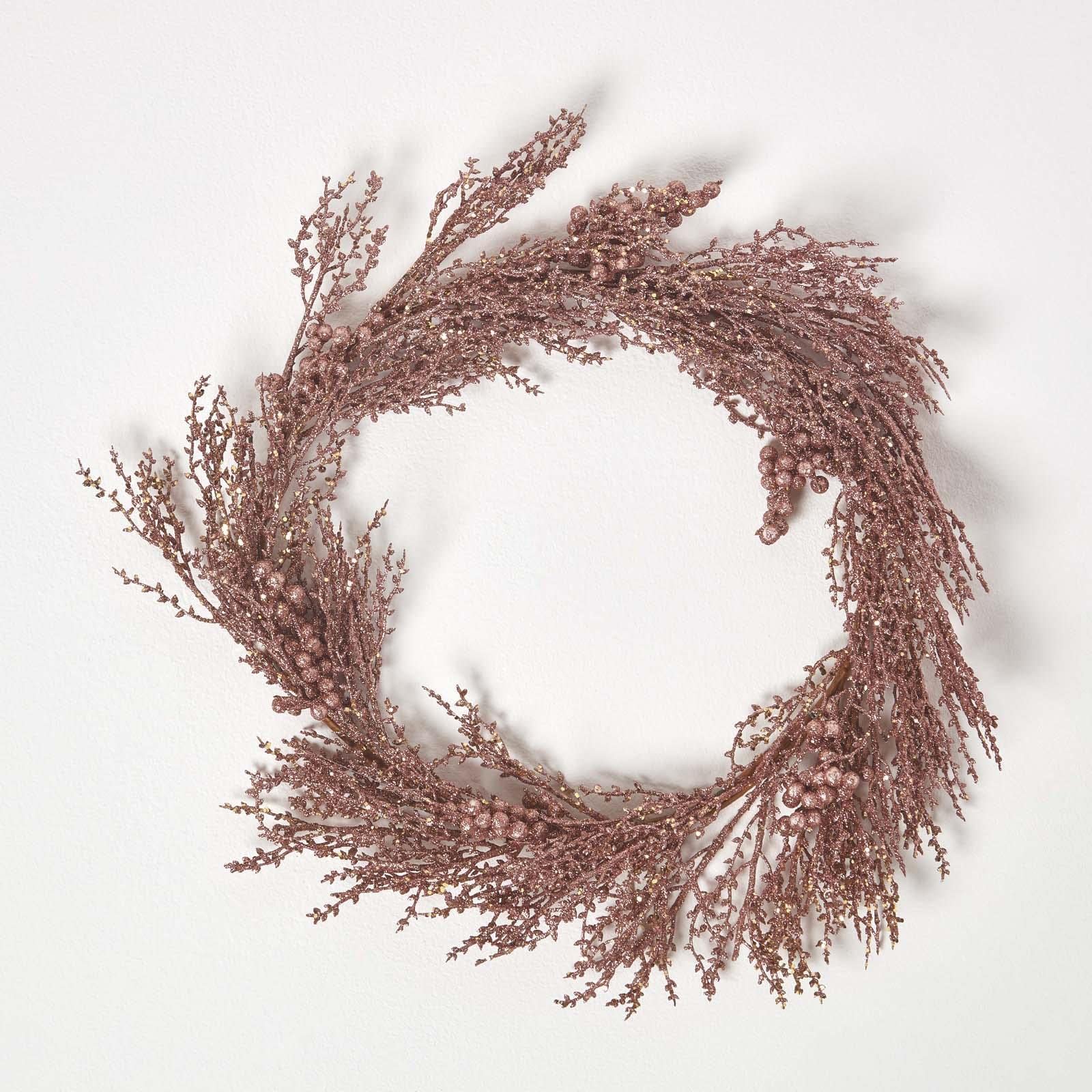 HOMESCAPES Rose Gold Christmas Wreath 59 cm Modern Sparkling Artificial Wreath with Glitter Decoration