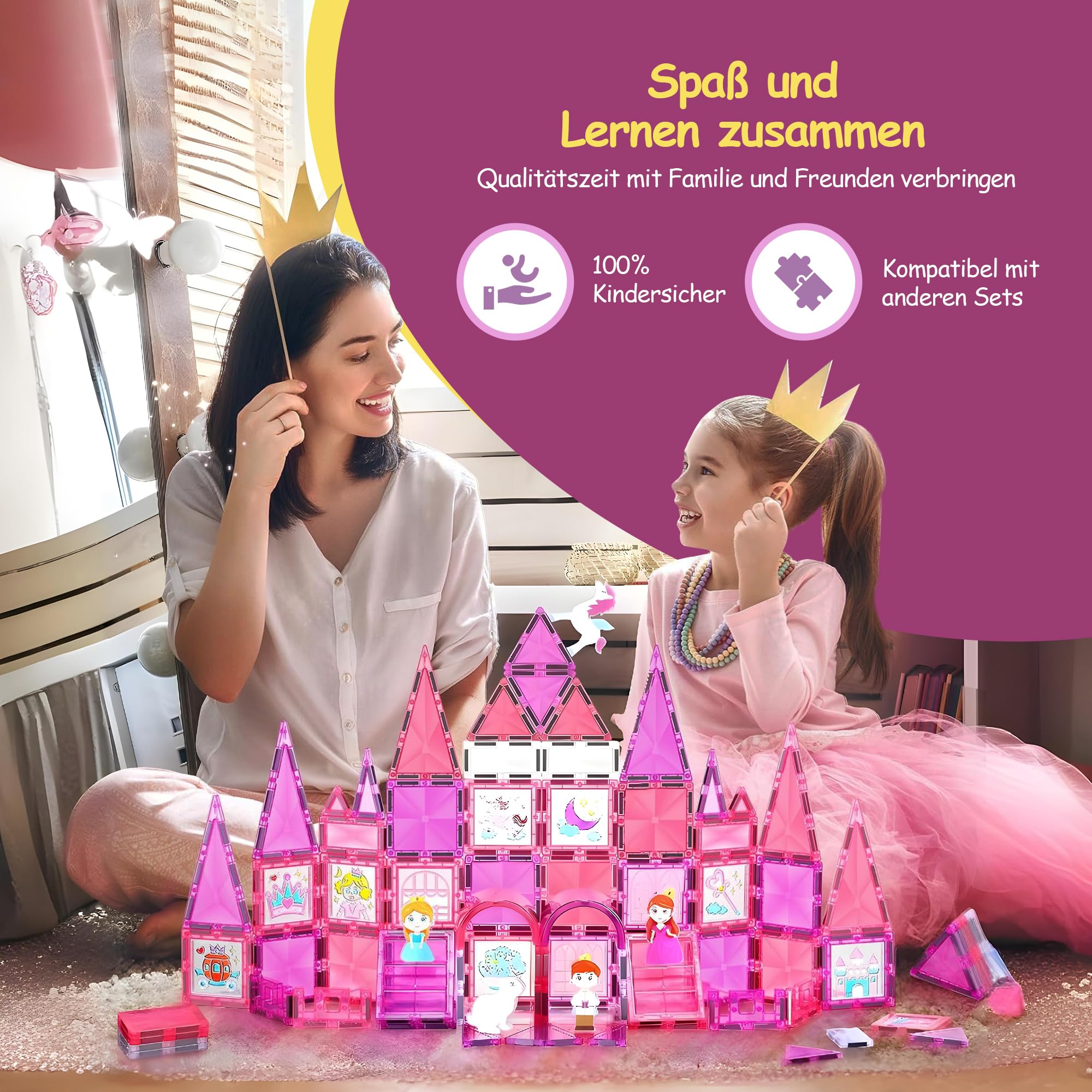 Olvy Magnetische Bausteine Montessori Spielzeug - 80 Magnetic Tiles Kinder - Magnetisches Konstruktionsspielzeug Ab 3 Jahre - Smart Playground Magnetbausteine, Magnetset Kinder (Prinzessin)