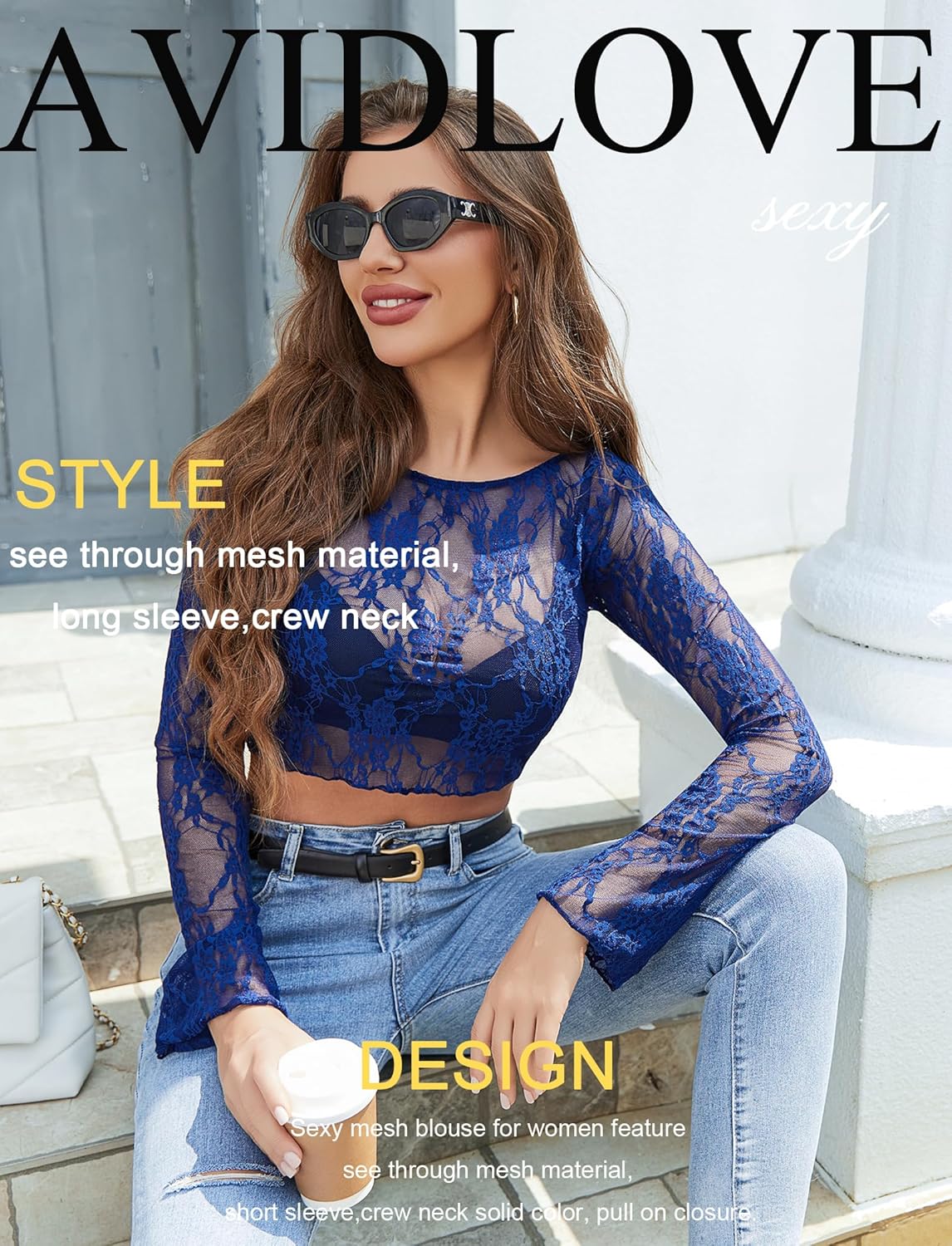 Avidlove Mesh Top Women Long Sleeve Crew Neck Sheer Blouse See Through Floral Lace Tops - Image 2