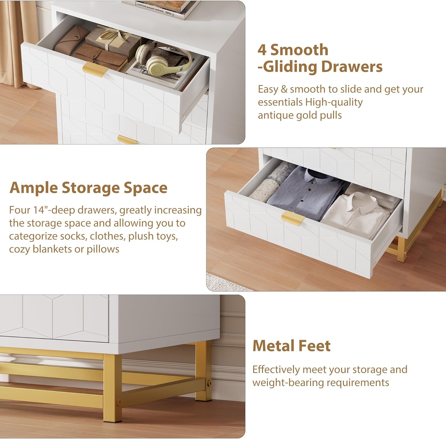 Close-up of dresser drawers and metal feet