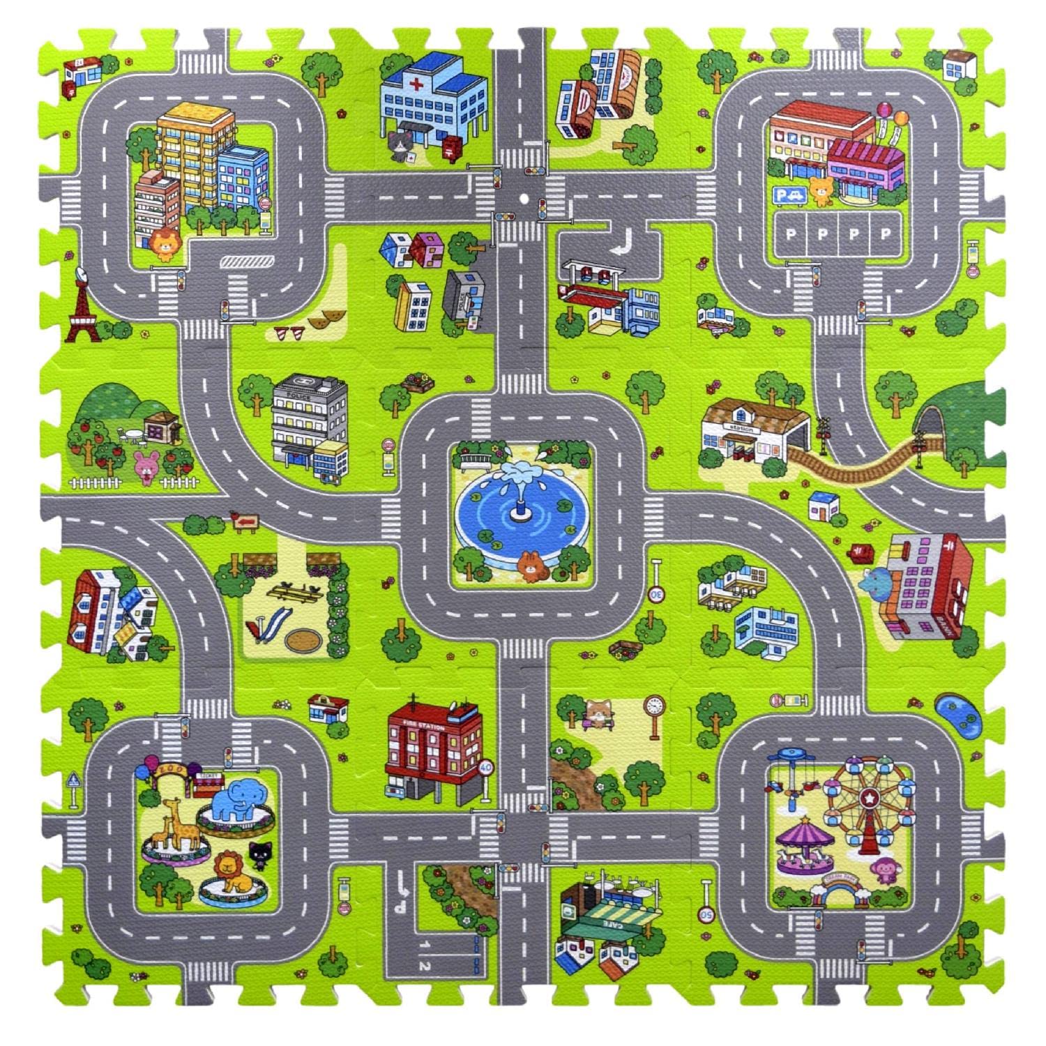 Tappeto a puzzle di gomma EVA per bambini Disegno di strade cittadine. 90 x 90 x 1 cm. 9 pezzi intercambiabili.