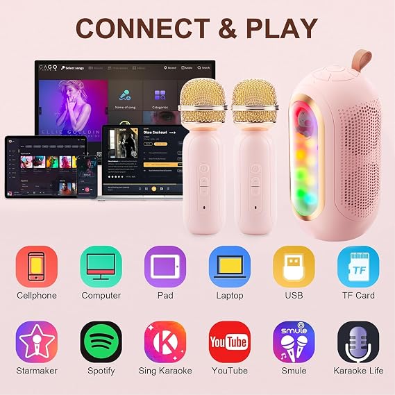 Adamantite Karaoke Machine for Kids and Adults, Capsule Mini Portable Kids Microphone - Bluetooth Speaker with 2 Microphones, Home Party Karaoke Speaker, Birthday Gift (Pink)