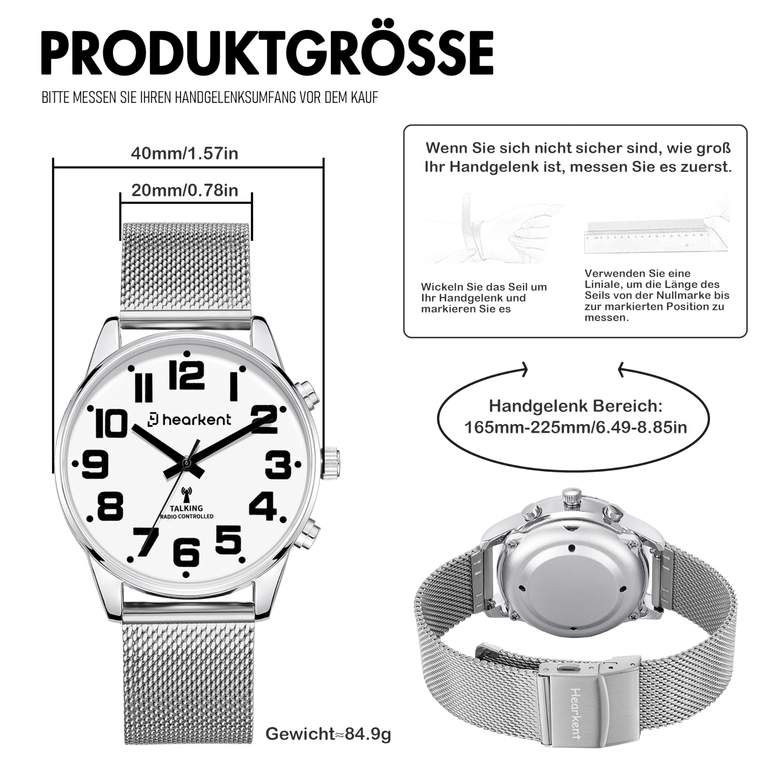 Hearkent Orologio parlante, avviso vocale tedesco, orologio da polso autoregolante, argento, cinturino da 20 mm, Uomini, Classico | Numeri grandi, idea regalo per anziani, ciechi, persone con problemi di vista, allarme incorporato/segnale orario 2309