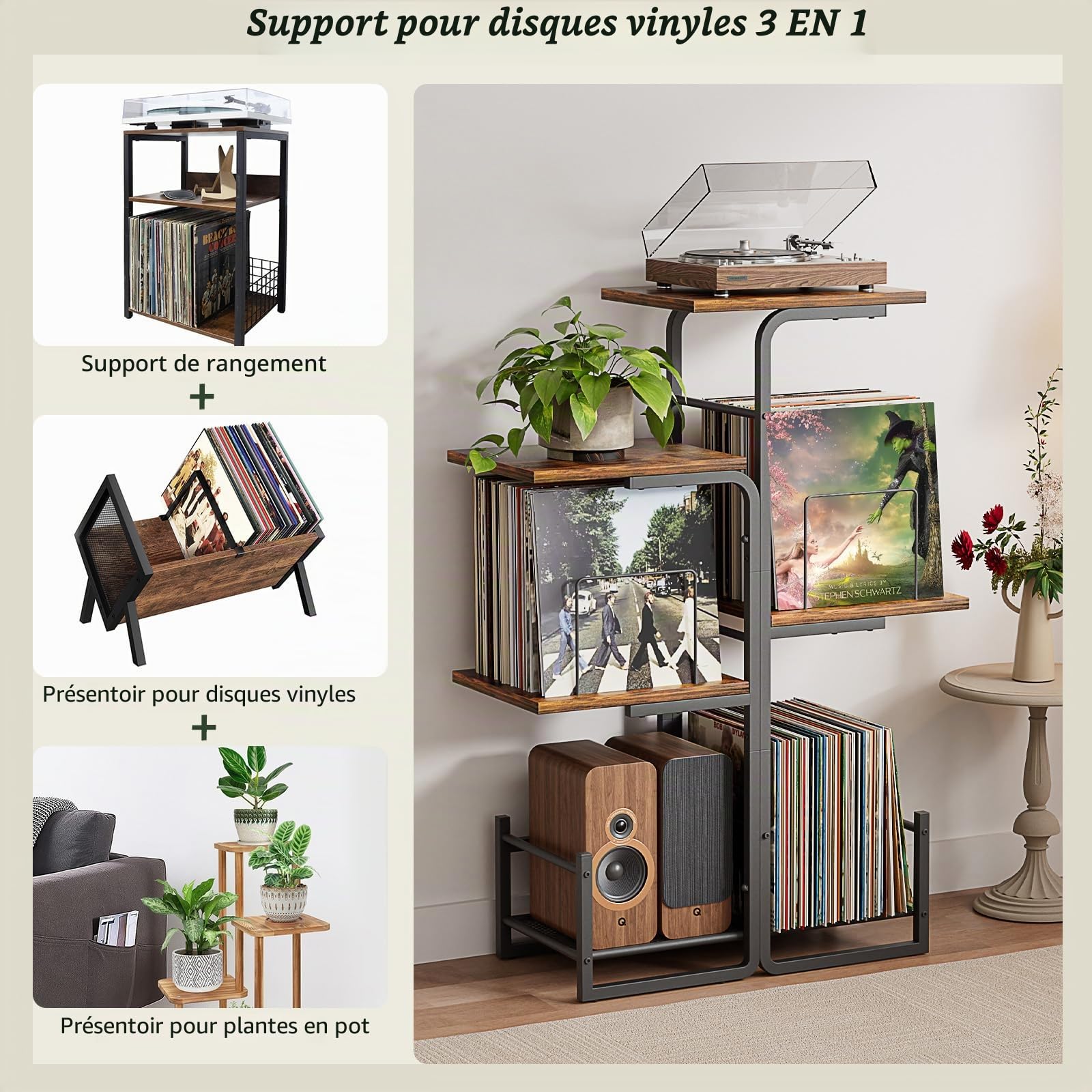Bikoney Meuble Tourne-Disque Style Vintage avec Grand Rangement Vinyles, Support Platine Vinyle Inspiré Jardinière, Étagère LP et Présentoir Albums pour Salon, Chambre et Petits Espaces