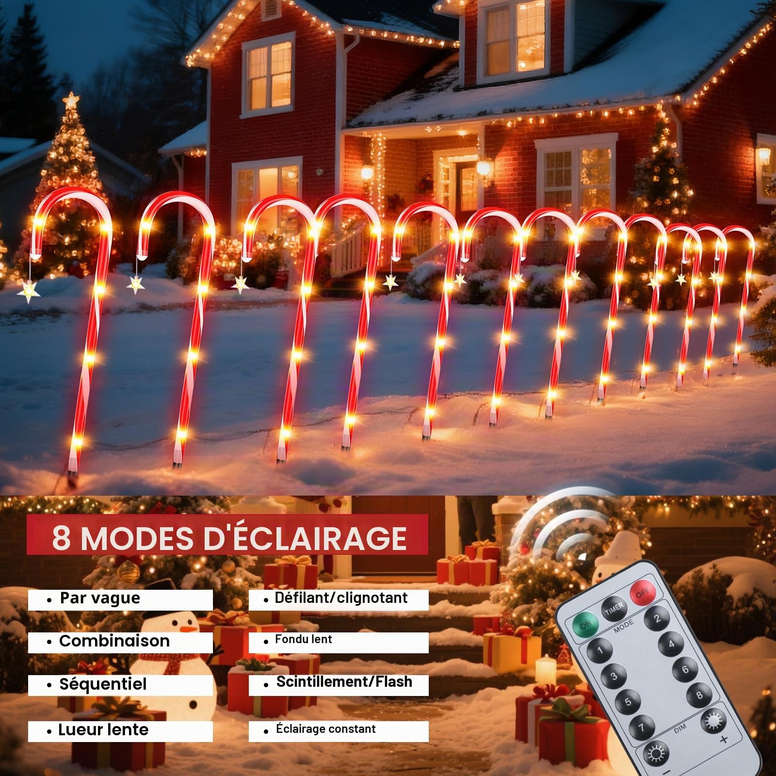 Qoosea Decoration Noël Canne Lumière Solaire Extérieur, 12 Pack 8 Modes Cannes à Sucre Lumineuse de Noël avec Télécommande, IP65 Étanche Lampe Solaire Exterieur Décor pour Jardin Chemin Cour