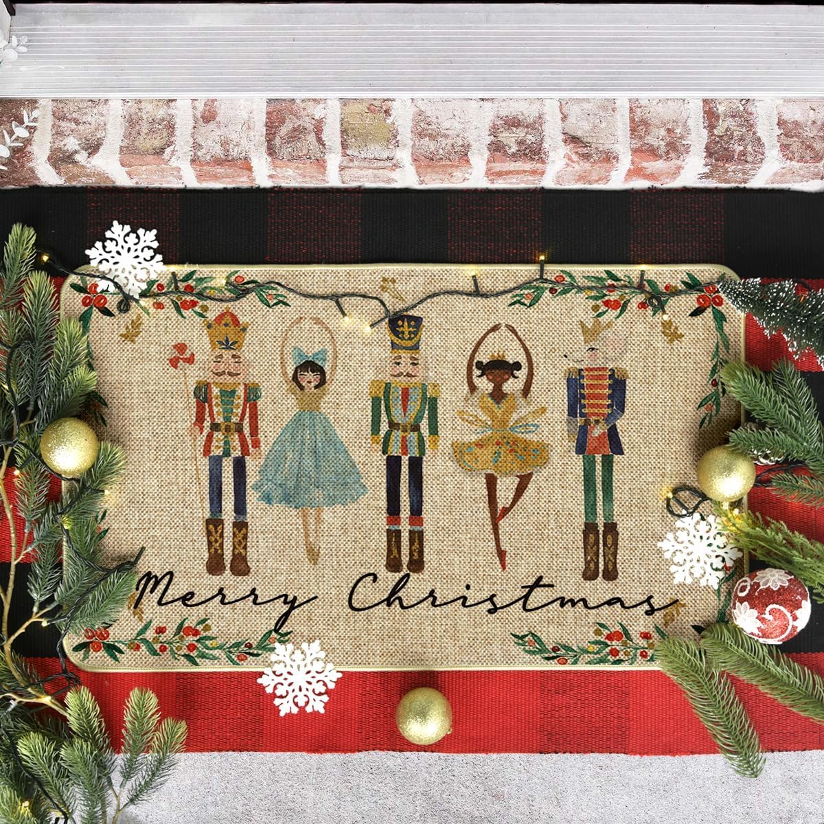 Artoid Mode Watercolor Nutcrackers Merry Christmas Doormat, Seasonal Winter Low-Profile Rug Switch Mat for Indoor Outdoor 17x29 Inch