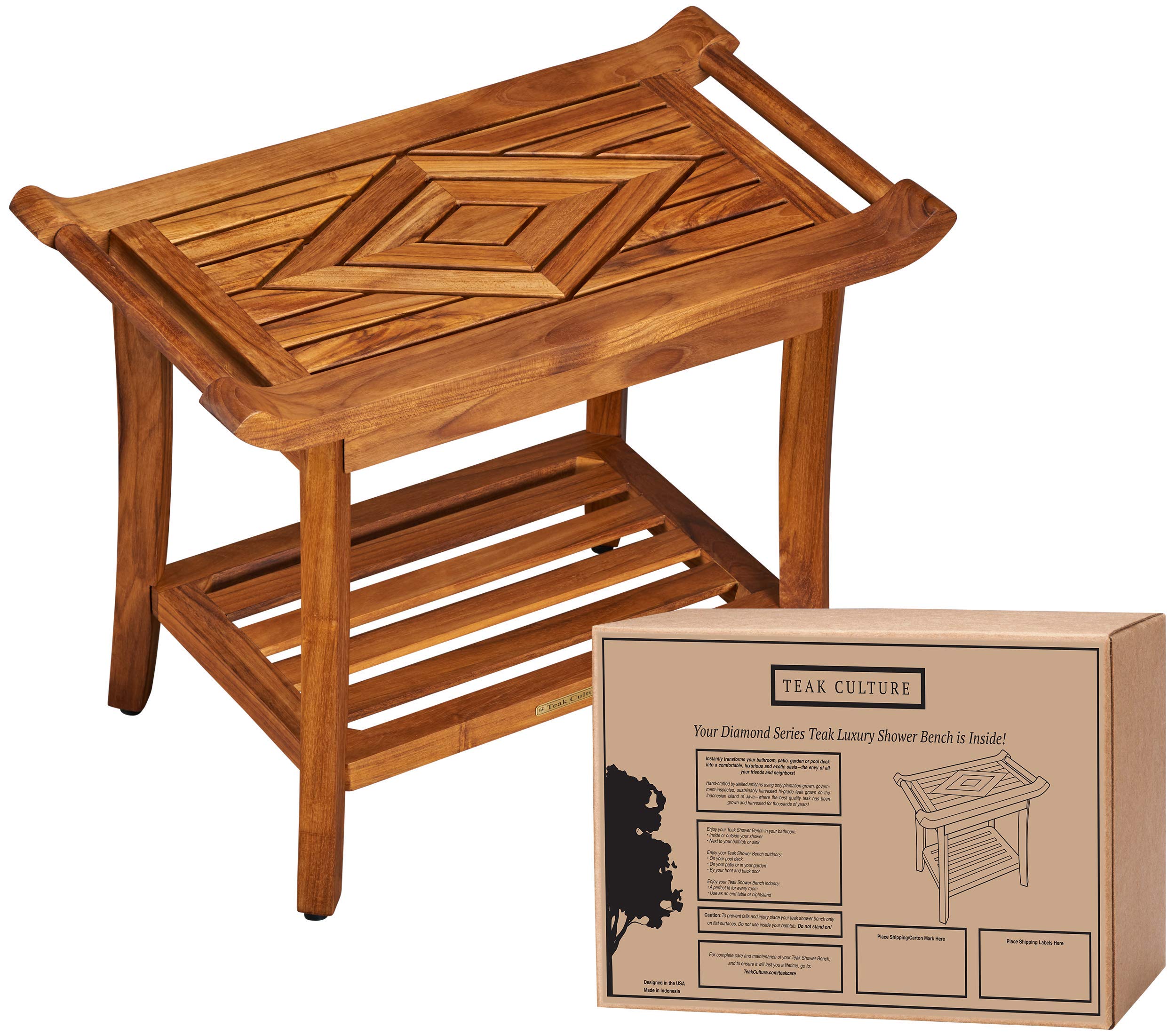Teak Designer Shower Bench Stool Seat with Leveling Feet, Waterproof