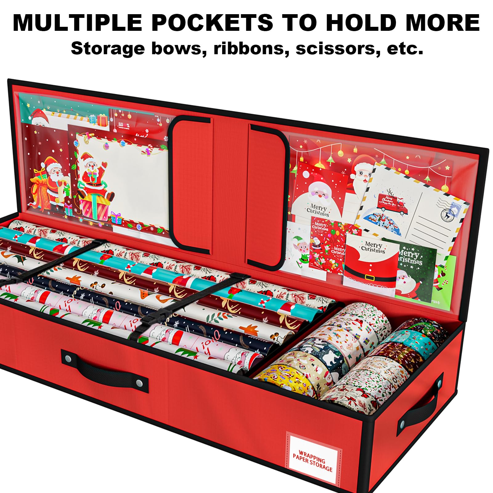 KYEVIS Borsa per carta da regalo natalizia con tasche multiple, adatta per 24 rotoli, scatola organizer per decorazioni natalizie per fiocchi, etichette, forbici e nastri (rosso)