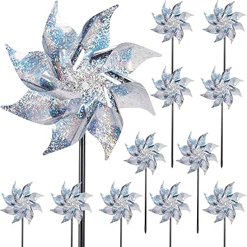 12 Pack Reflective Pinwheels with Stakes Pre-Assembled, Extra Sparkly Pin Wheel for Garden Decor, Bird Repellent Devices Deterrent to Scare Birds Away from Yard Patio Farm, Silver