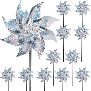 Hausse 12 Pack Reflective Pinwheels with Stakes (Pre-Assembled), Extra Sparkly Pin Wheel for Garden Decor, Bird Repellent Devices Deterrent to Scare Birds Away from Yard Patio Farm, Silver