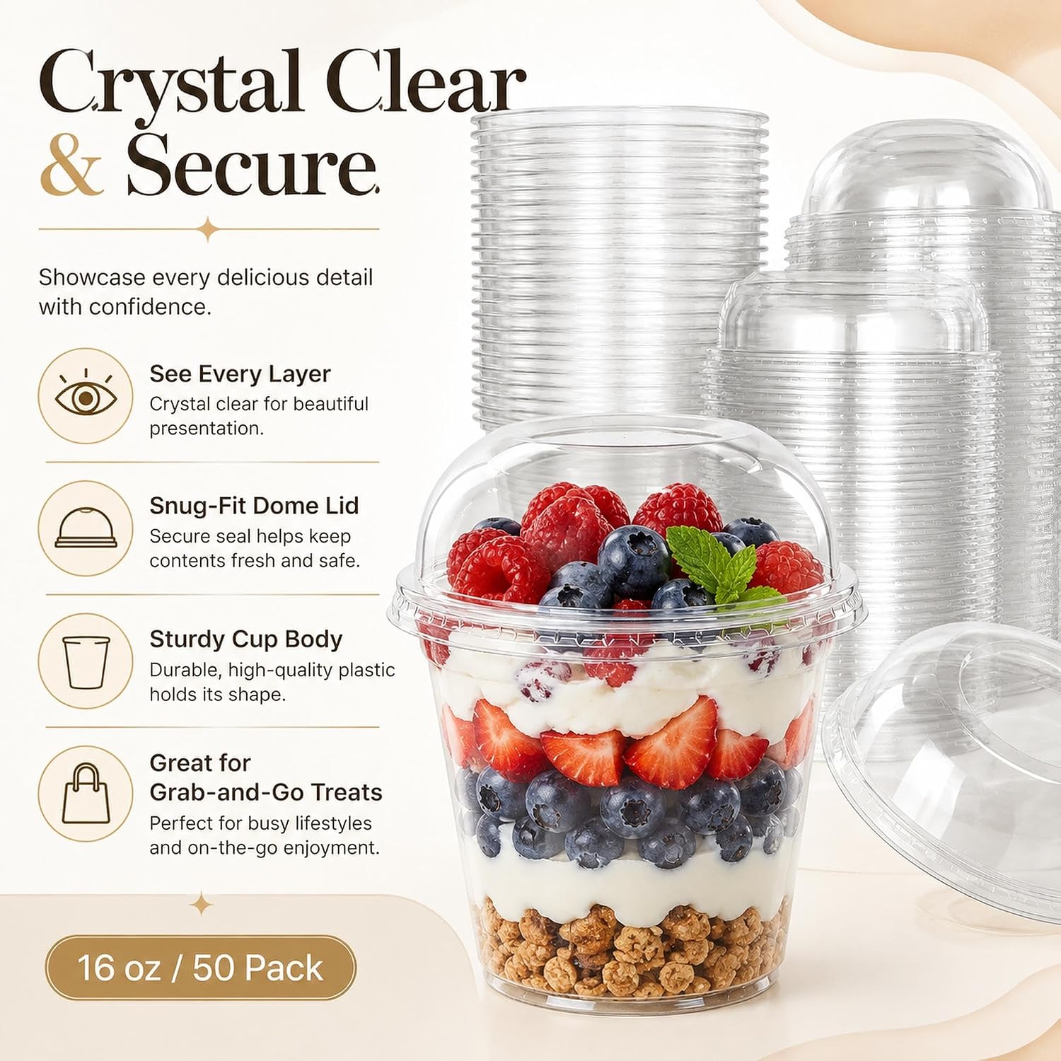16 oz Clear Plastic Dessert Cups with Dome Lids, 50 Pack