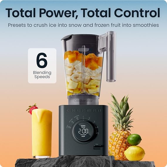Chefman Obliterator 48 oz Countertop Blender for Smoothies, 1380W Motor to Crush Ice,Nuts & Frozen Fruit with Stainless Steel Blade Auto Blend Function, Includes Tamper & Scraper-MIDNIGHT(Pack of 1)