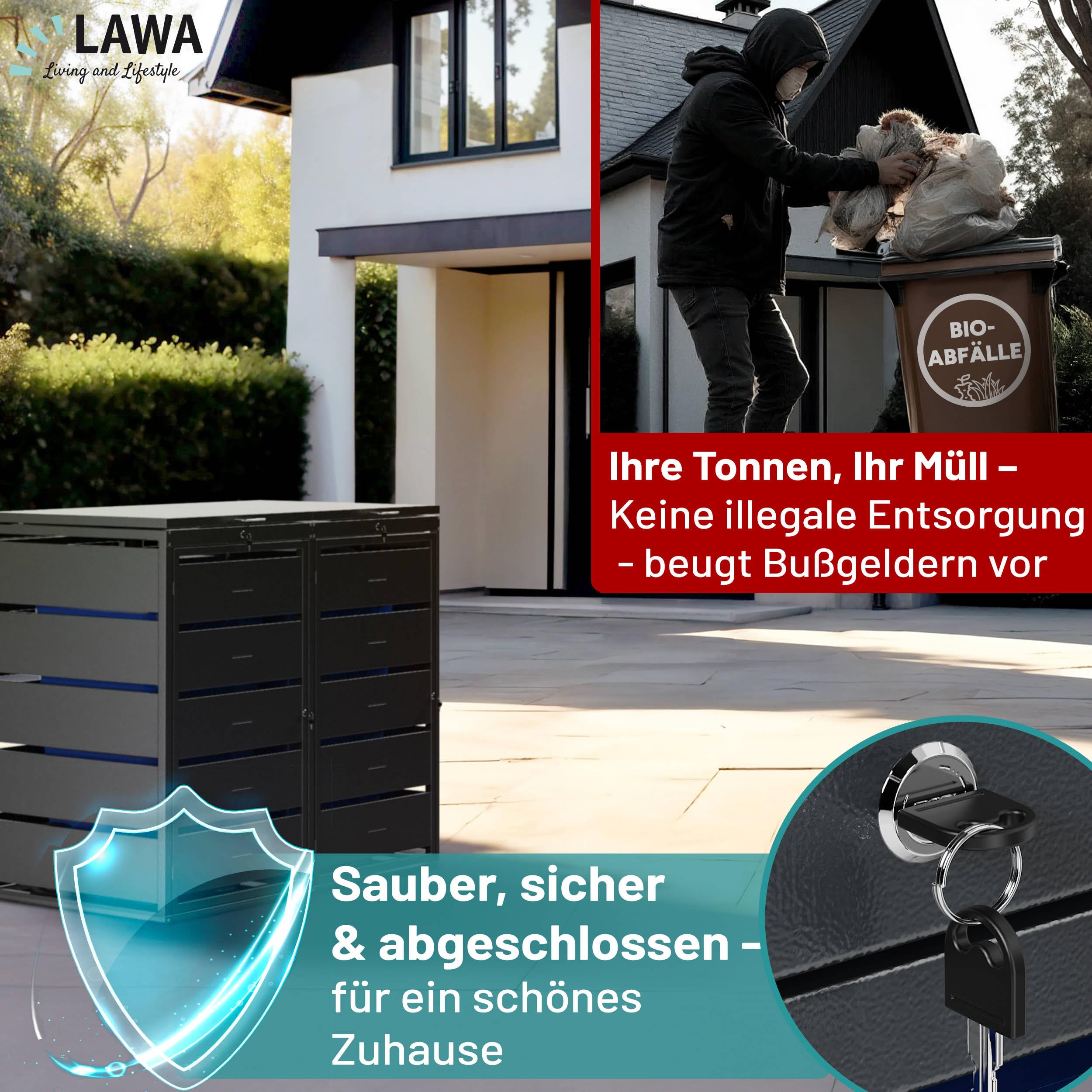 Mülltonnenbox 2X 240L Mülltonnen verzinkter pulverbeschichteter Stahl 4 Türen & 2 Deckel abschließbar mit Gasdruckfedern & Geräuschdämpfer Lüftungsschlitze Anthrazit RAL 7016