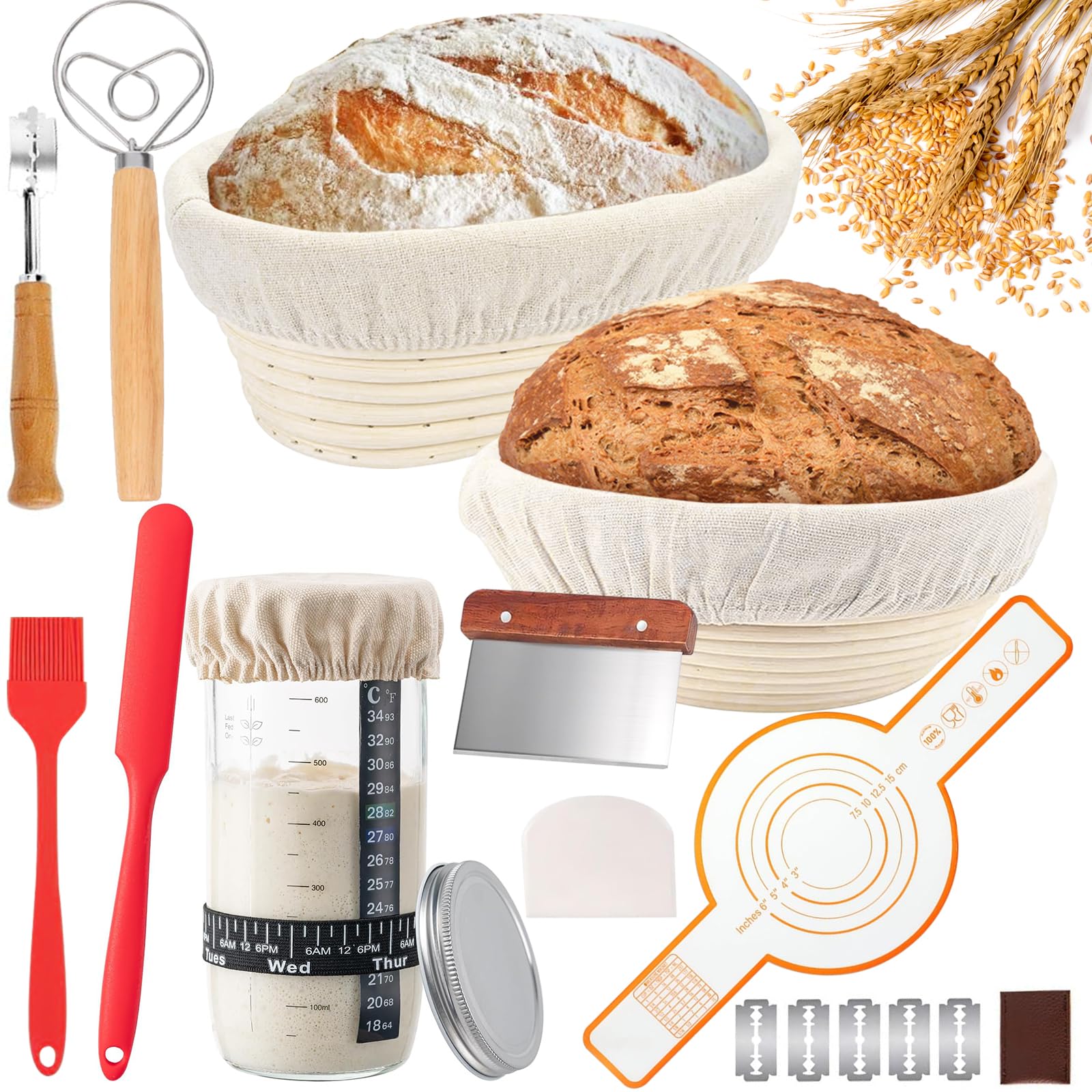 Banetones Para Pan, 12 Piezas Juego de Cestas para Fermentar Pan, Banneton Redondo y Ovalado, 650ml Vaso de Masa Madre, Kit Completo de Panadero, Kit Banneton para Pan