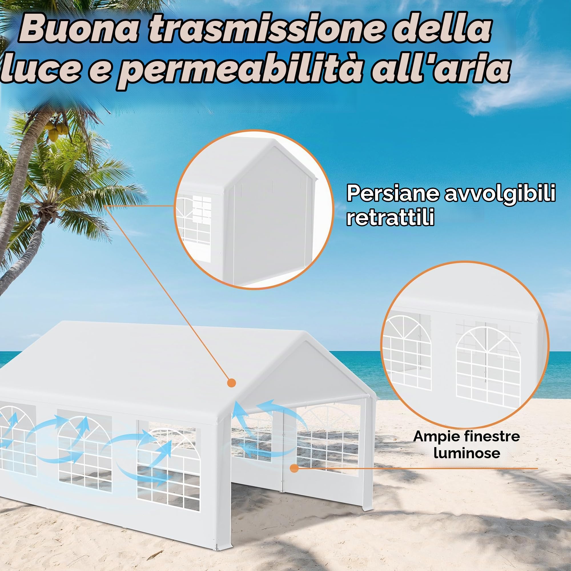 FIVMEN Gazebo da giardino, dimensioni 4 x 6 m, con 8 pareti laterali staccabili, impermeabile, stabile, resistente agli agenti atmosferici, protezione solare, bianco