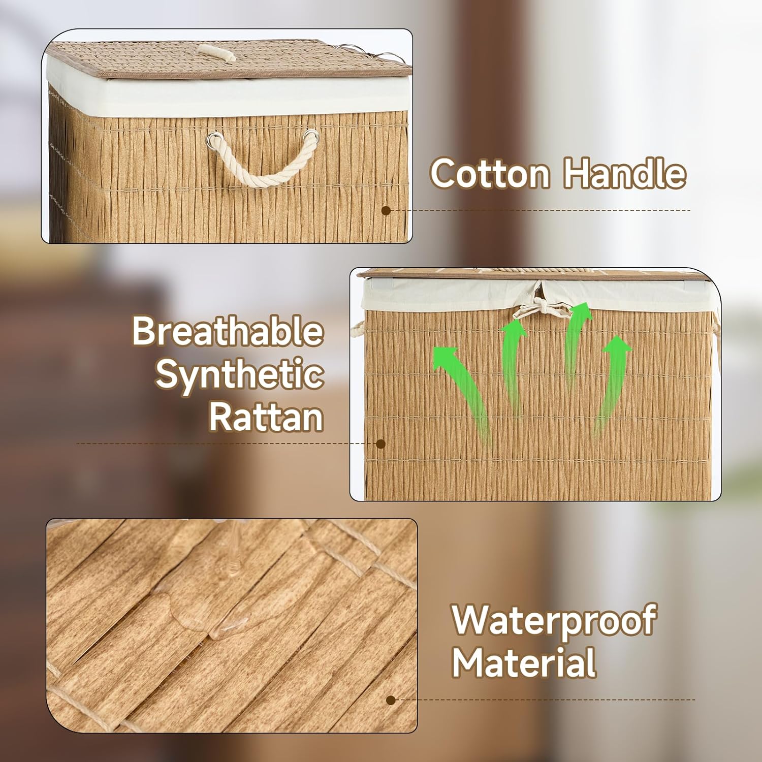 Laundry Hamper with Lid, 52.8 Gallon(200L) Large Laundry Basket 2 Removable Liner Bags, Synthetic Rattan Clothes Hamper with Side Pocket, laundry organization for bathroom, laundry room, Natural