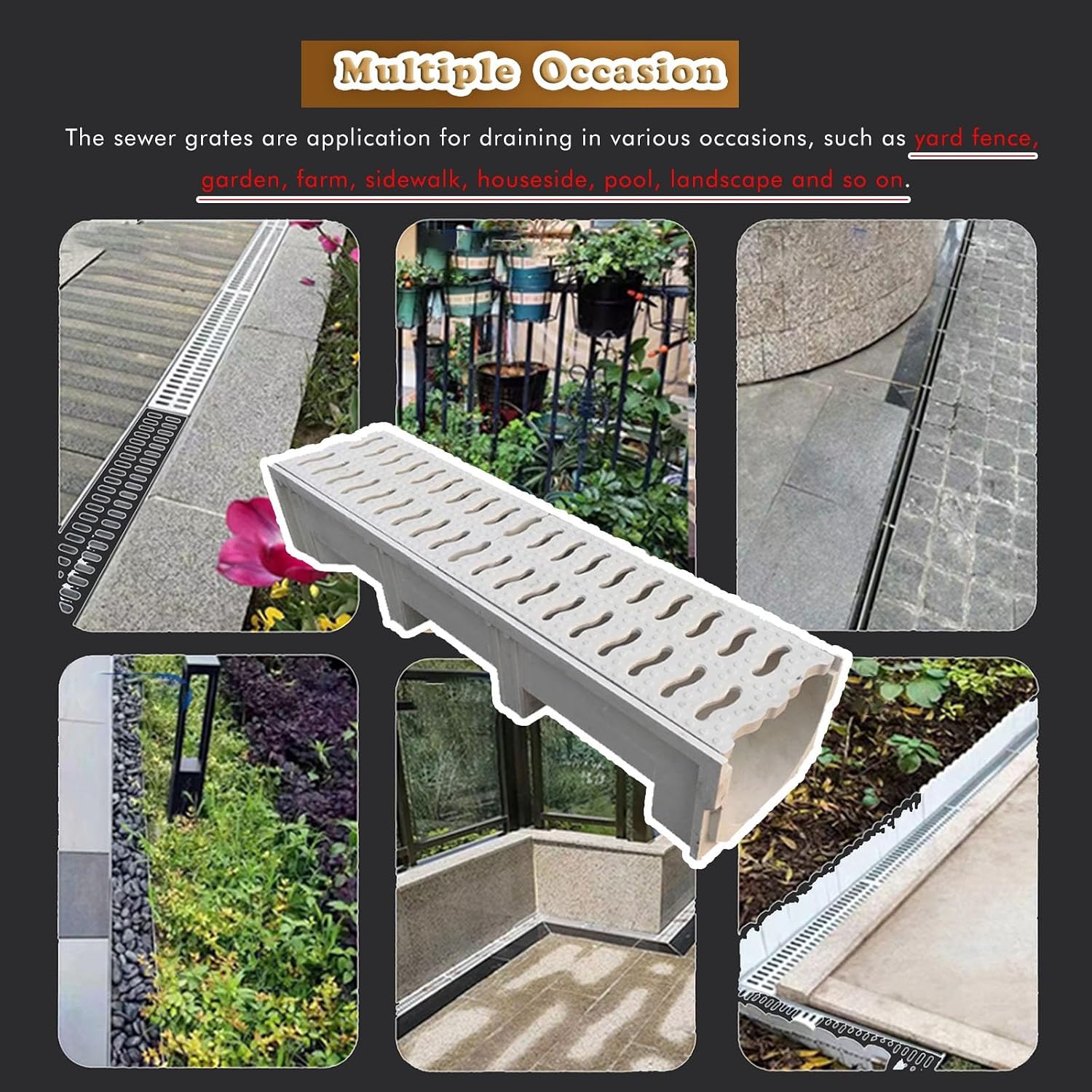 U Shape Drainage Gutter Cover Grate, 23 18 13 12 10 9 8 6 Inch Balcony/Garage/Pavement/Basement Floor Drain System, Rectangle Rainwater Grating, Easy to Install(100x25x20cm/39.4x9.8x11.8in)