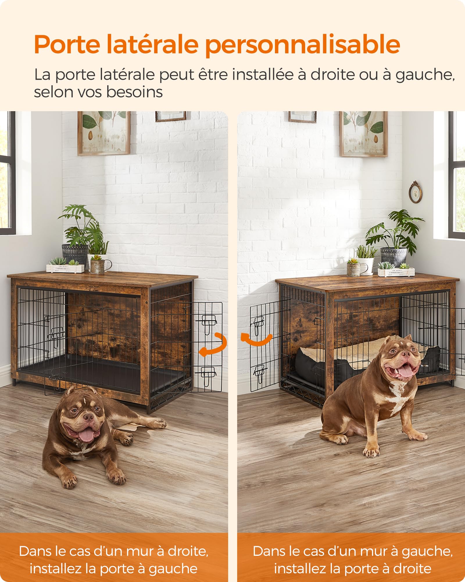 Feandrea Cage pour Chiens, Table d’Appoint, Niche Moderne pour Chiens Jusqu’à 32 kg, Cage pour Chiots, Plateau Amovible, Maisonnette pour Animaux, 2 Portes, Marron Rustique PFC003X01