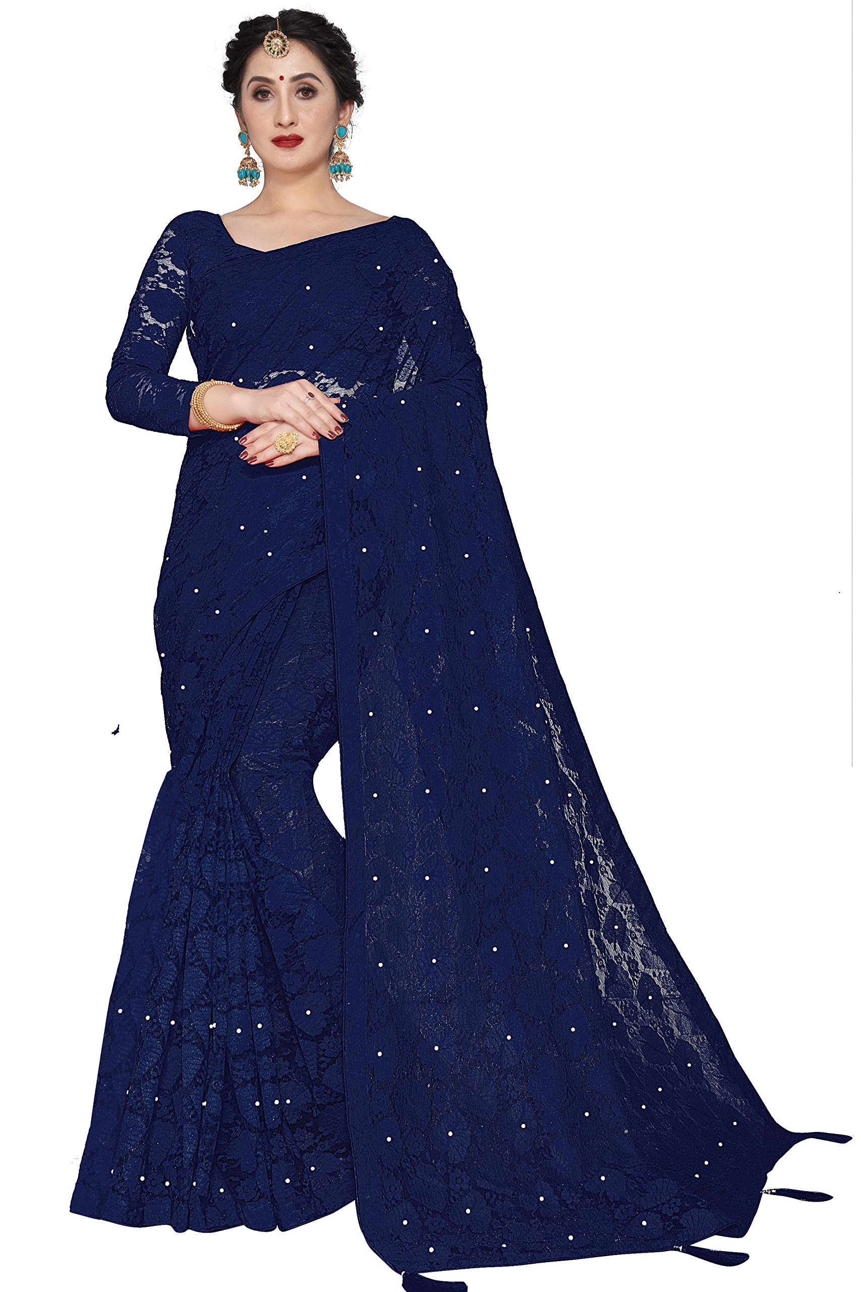 RUDRAPRAYAG Women's Woven Russel Net Saree With Blouse Piece (PANPTI-4_Navy Blue)