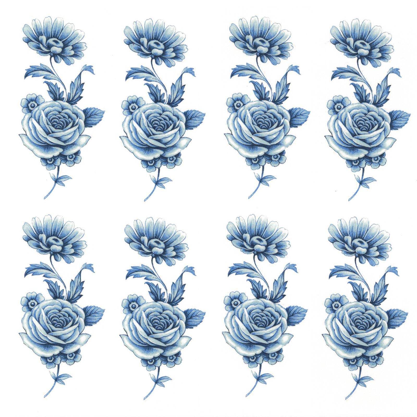 Blue Delft Rose Spray Overglaze Ceramic Decals 2.5 Inch (6 Decals)